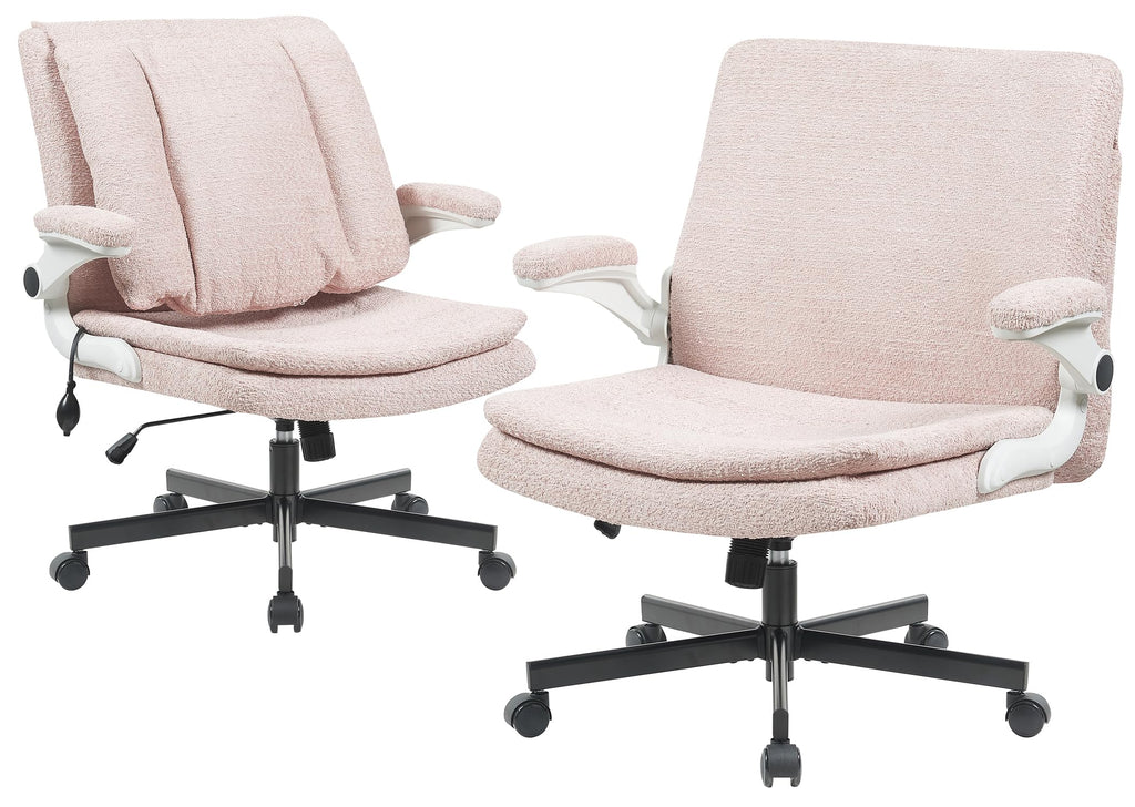 Criss Cross Office Chair with 2 in 1 Inflatable Flip-up Back, Ergonomic Wide Seat Desk Chair with Adjustable Arms and Wheels, Cross Legged Office Chair for Home & Office, Pink