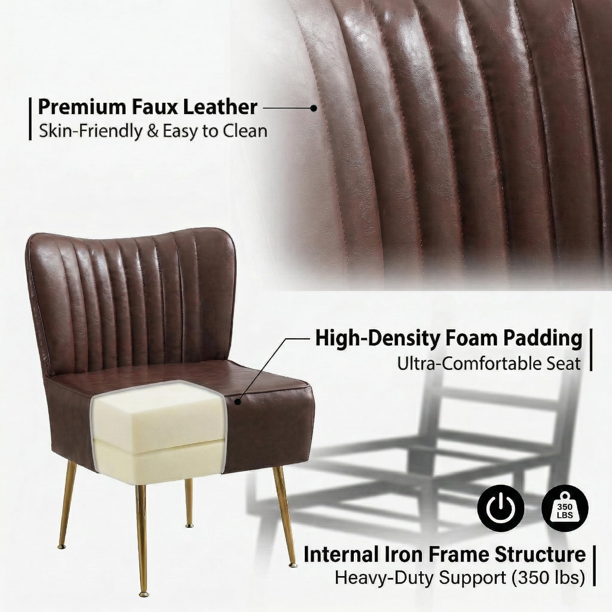 Modern Leather Accent Chairs Set of 6, Vintage Slipper Chair with Heavy Duty Iron Frame & Gold Legs, Mid Century Side Sofa Chair for Living Room Office(Brwon)