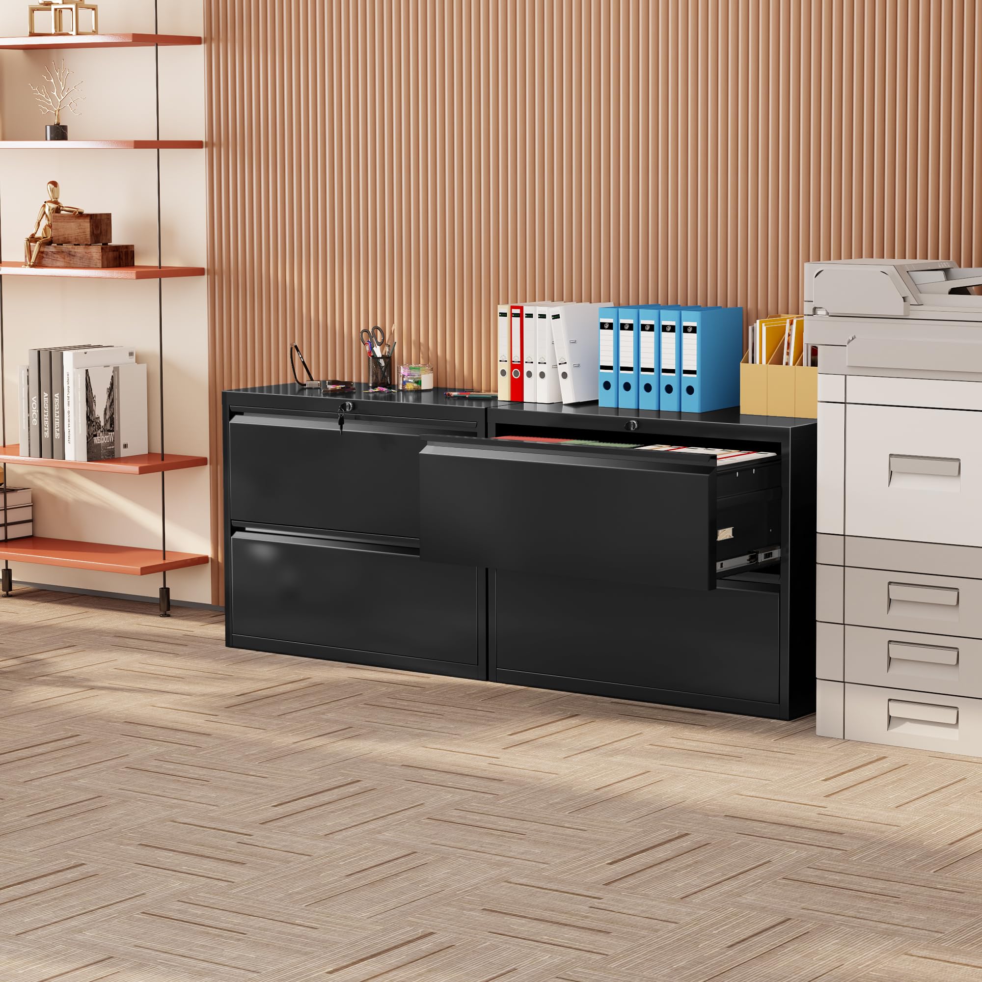 Lateral File Cabinet 2 Drawer, Black Metal File Cabinets for Home Office, Locking File Cabinet for Letter/Legal/F4/A4 Size, Easy Assembly