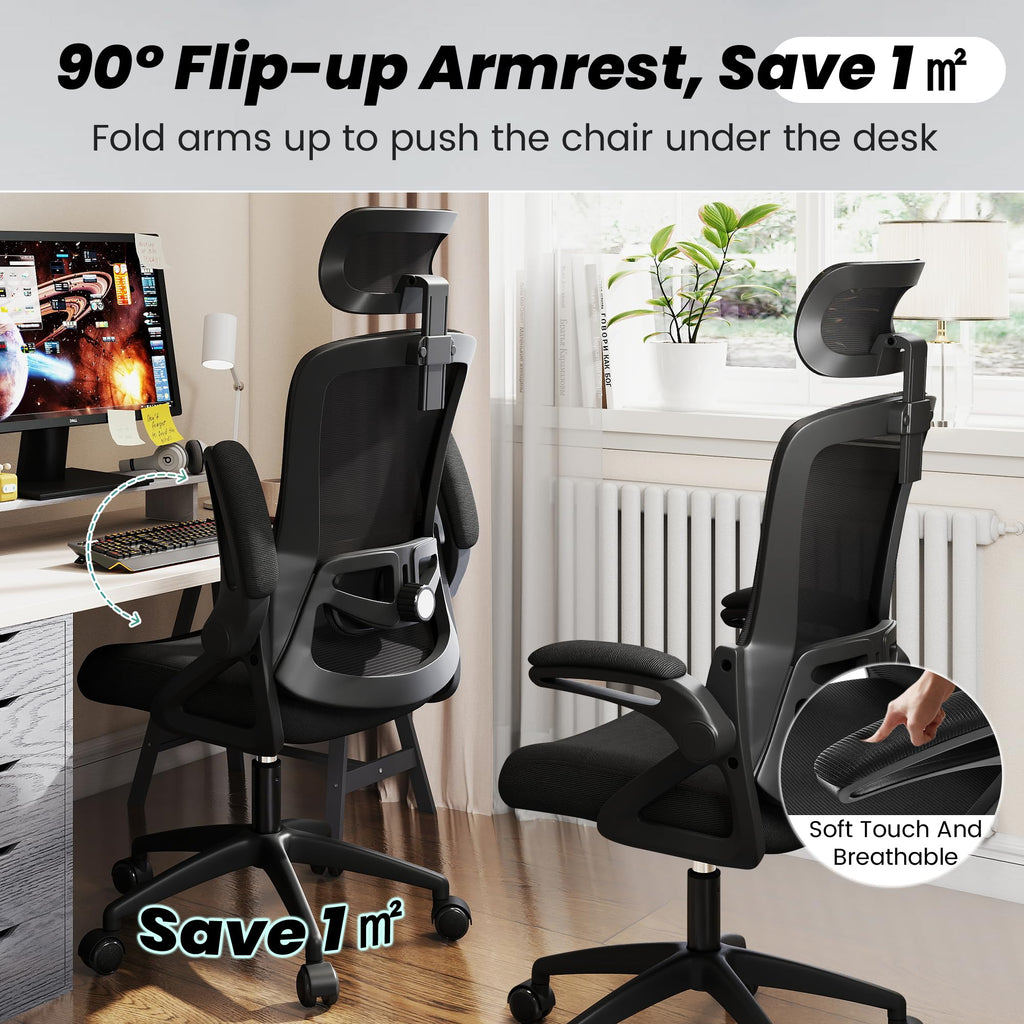 Office Chair, Ergonomic Office Chair with High Back Mesh and Adjustable Lumbar Support, Home Mesh Office Desk Chairs with Wheels, Comfortable Gaming Chair for Long Hours (Deep Black)