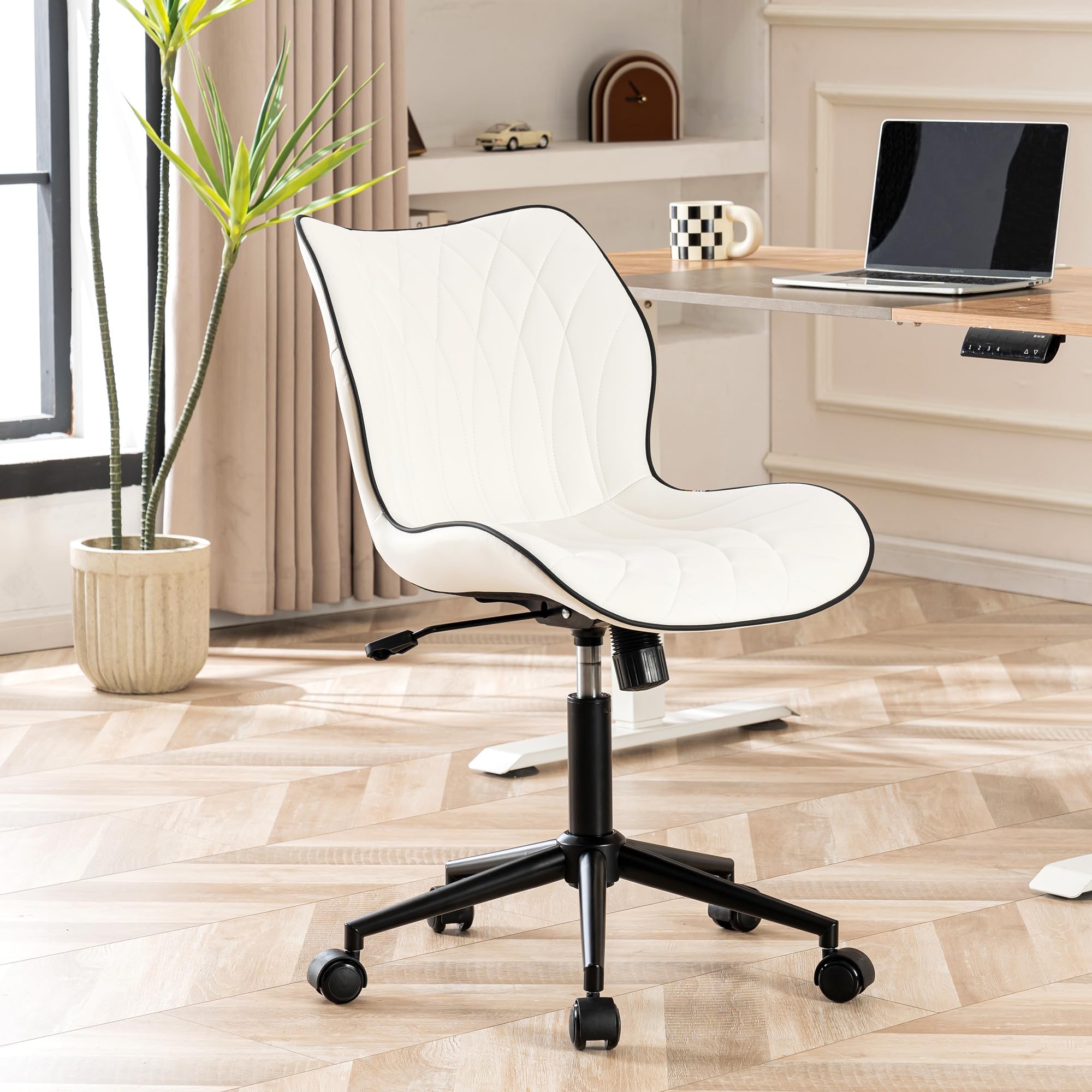 Armless Desk Chair Comfy Office Chair with Wheels Home Ergonomic Task Chair Adjustable Computer Chairs Modern Faux Leather Swivel Chair Upholstered Makeup Vanity Chair with Back(White)