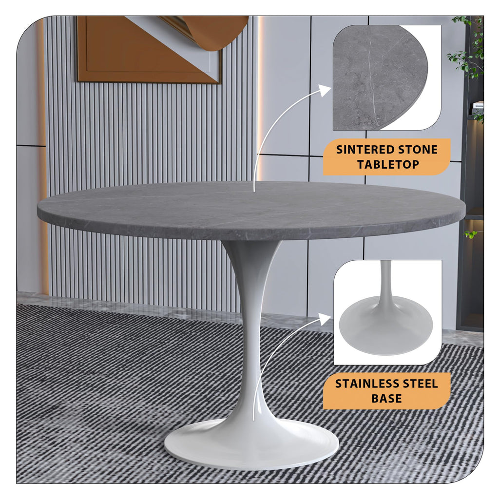 Verve Modern 48" Round Dining Table with Sintered Stone Tabletop in White Steel Pedestal Base for Kitchen and Dining Room (Grey)