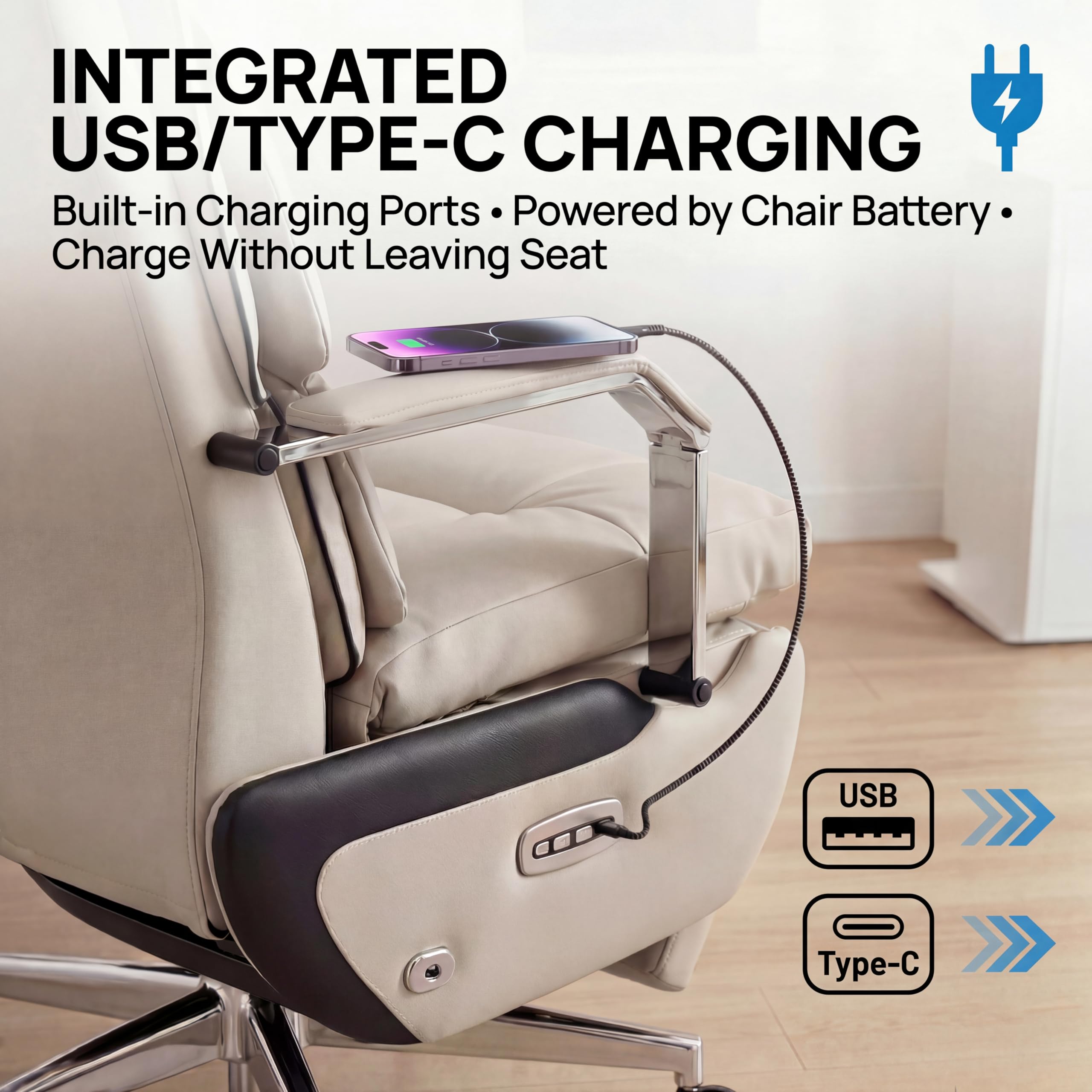 Dual Motor Executive Reclining Office Chair with Footrest – One-Click Electric Recline, Massage Lumbar Support & Pillow, Big and Tall PU Leather Ergonomic Desk Chair for Home Office/Gaming(White)