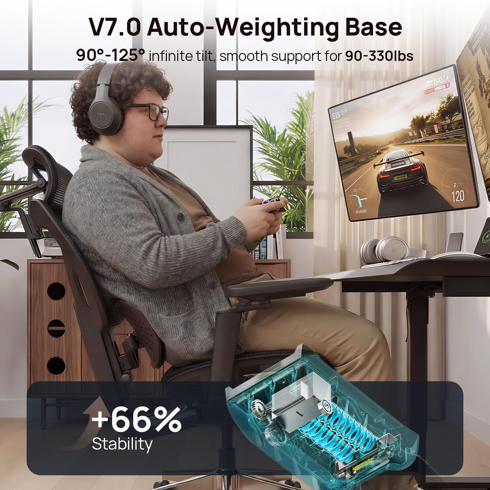Ergonomic Office Chair with Adaptive Lumbar Support - Over 10 Hours Comfortable, Mesh Big and Tall Home Desk Chair with 4D Headrest, 630° Armrst, Seat Depth Adjustable