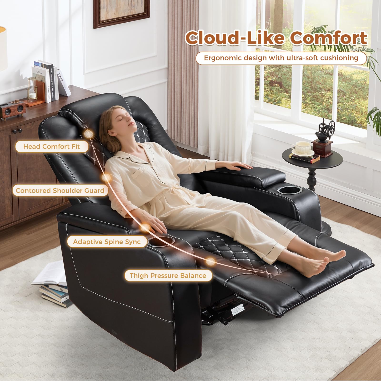 Power Recliner Chair Set of 7, Electric Soft Faux Leather Reclining Home Theater Seating - USB Ports, Cup Holders, Hidden Arm Storage Movie & Media Room Chairs (Black)