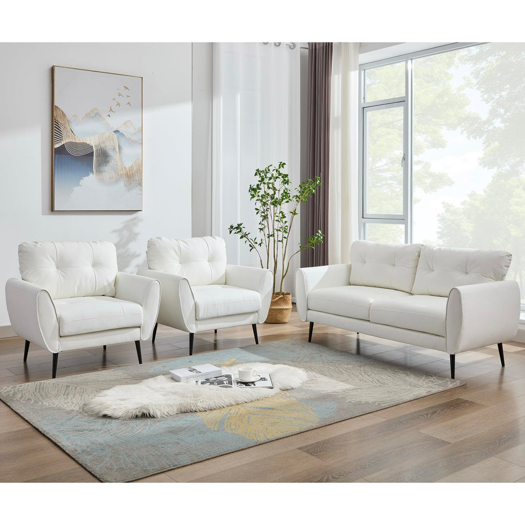 Sofa Couch 61" Small Loveseat Couches for Living Room Leather Couch Mid Century Modern Tufted Mini Sofa Comfy Office 2 Seat Settee Love Seat for Small Spaces Bedroom (3, White)