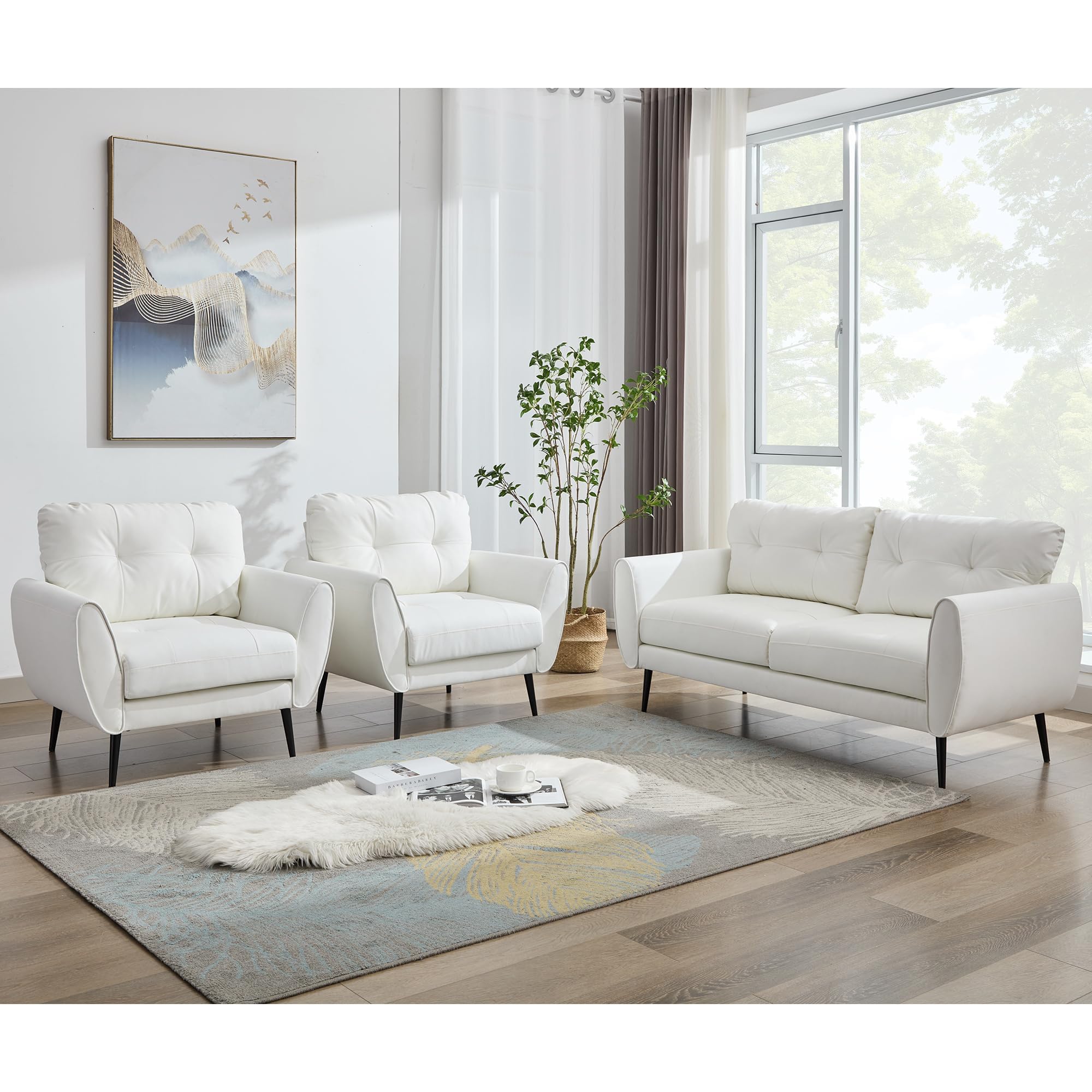 Sofa Couch 61" Small Loveseat Couches for Living Room Leather Couch Mid Century Modern Tufted Mini Sofa Comfy Office 2 Seat Settee Love Seat for Small Spaces Bedroom (3, White)