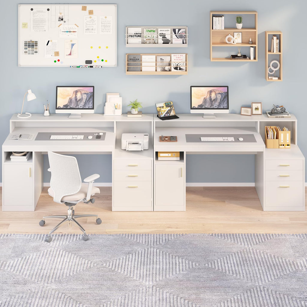 Computer Desk with 3 Drawer & Storage Shelves, Home Office Desk with File Drawer & Cabinet, Writing Study Table with Long Monitor Stand & Printer Shelf, Executive Desk, White