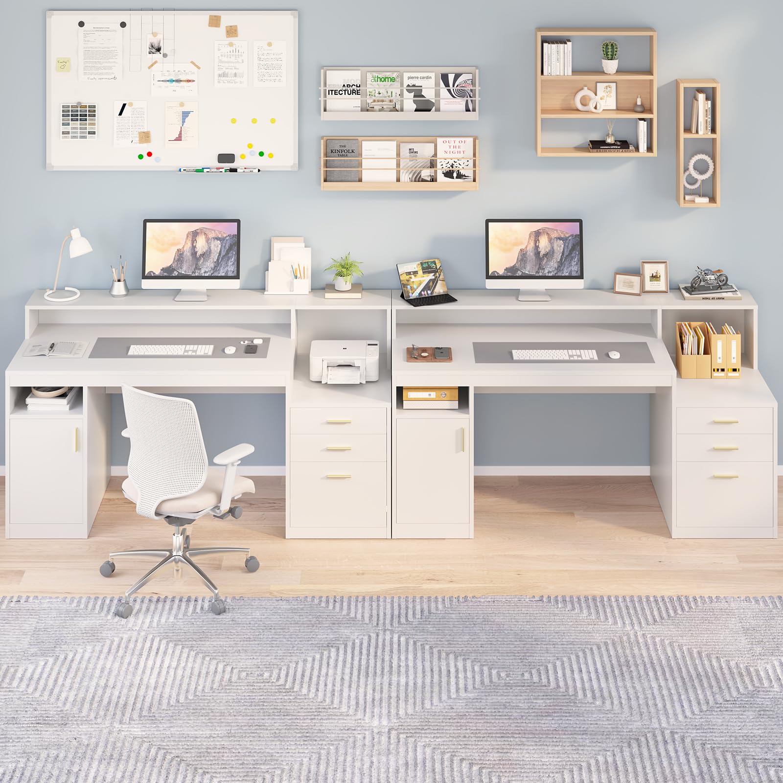 Computer Desk with 3 Drawer & Storage Shelves, Home Office Desk with File Drawer & Cabinet, Writing Study Table with Long Monitor Stand & Printer Shelf, Executive Desk, White