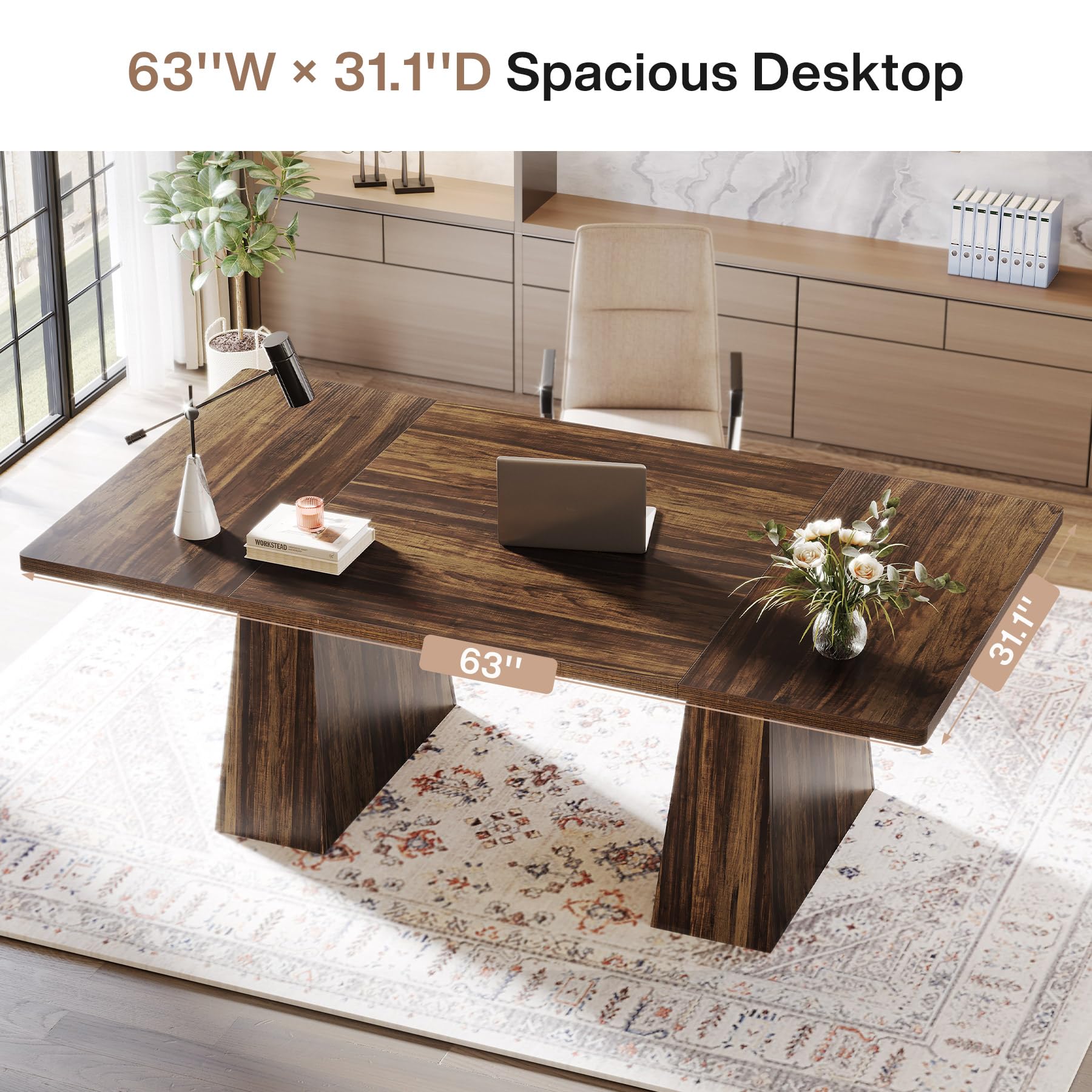 63-Inch Executive Desk, Large Office Computer Desk with Double Pedestal, Modern Simple Workstations Writing Table Conference Table Business Furniture for Home Office, Rustic Brown