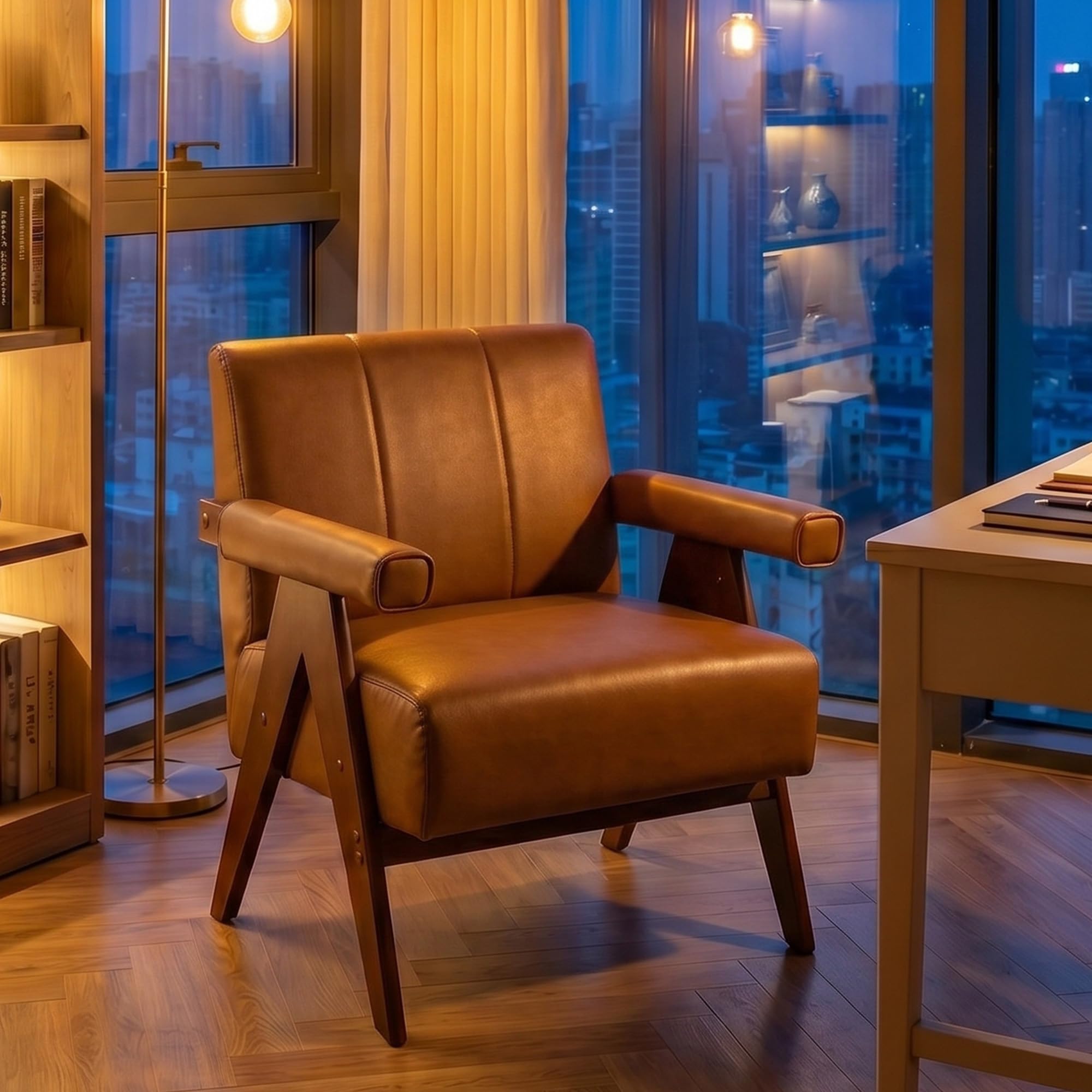 Mid Century Modern Accent Chair, Solid Wood Frame Brown Leather Armchair, Modern Reading & Living Room Chair for Office Guest & Waiting Room