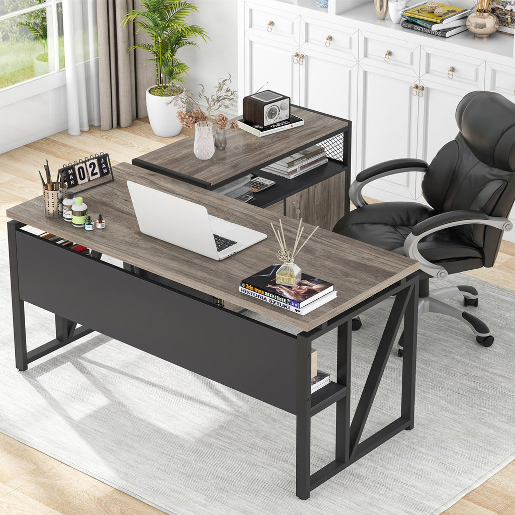 55" L Shaped Computer Desk and lateral File Cabinet with Locks, 2 Piece Home Office Furniture Set for Hanging