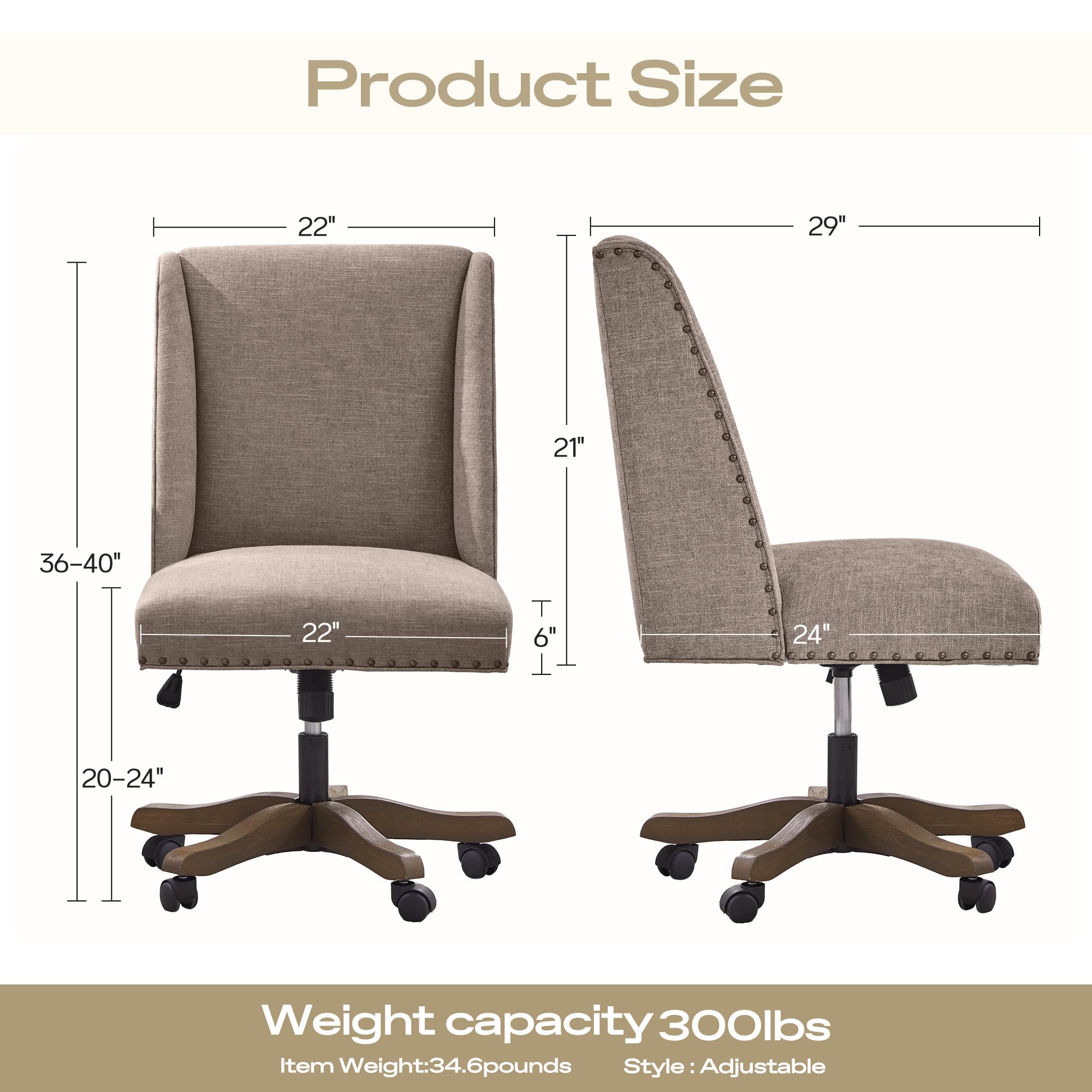 Upholstered Armless Office Chair with Wooden Legs, Modern Adjustable Home Office Desk Chair Computer Chair Swivel Chair for Home Office Study Studio (Brown)