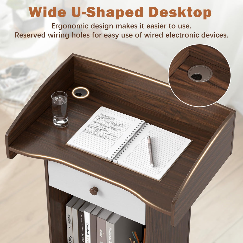 Podium Stand with Metal Wheels Wooden Lectern Podium Stand Portable Pulpit Standing with Storage Mobile Reception Podiums for Church Office School Conference Restaurant Meeting,Brown White