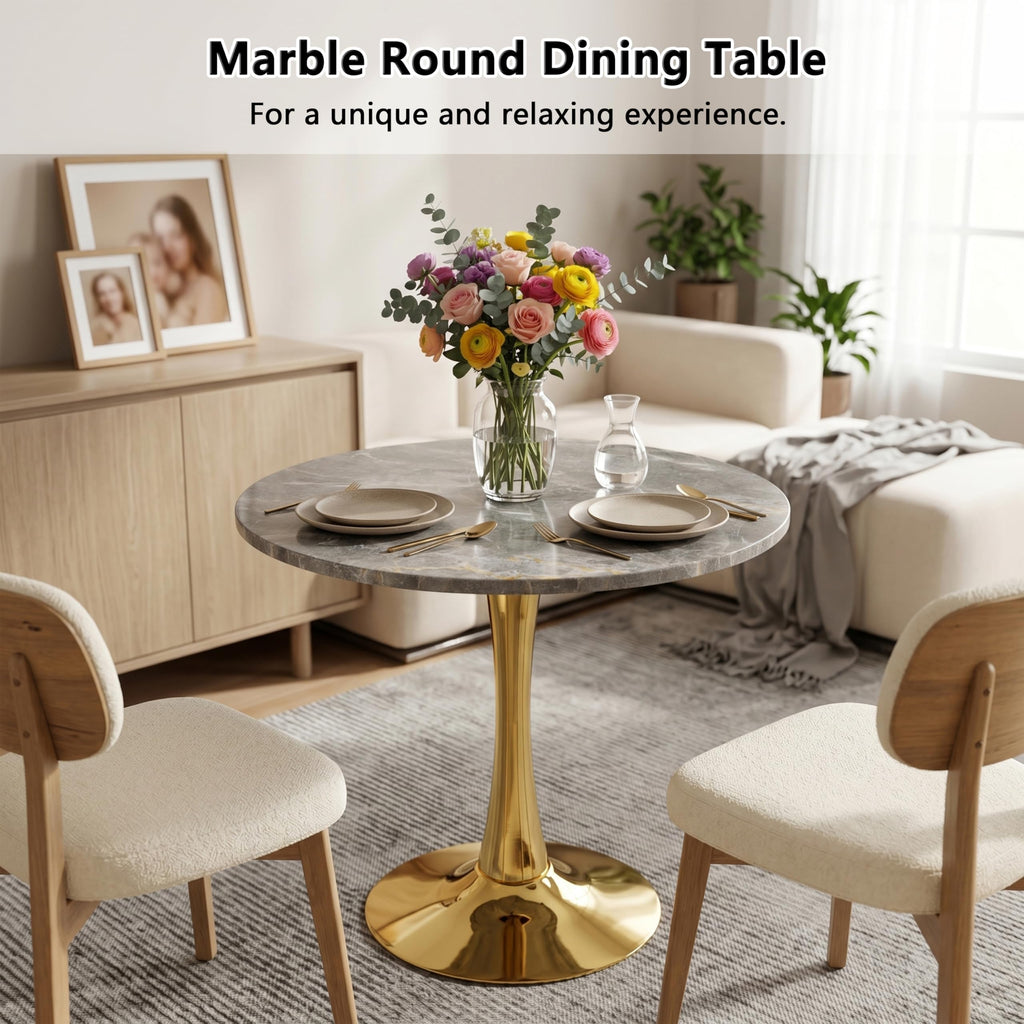 27.6" Marble Round Tulip Table, Mid-Century Modern Style Dining Table with Gold Pedestal Base for 2-4 People, Featuring A Marble Tabletop for Kitchen, Dining Room, Cafe (Dark Grey)