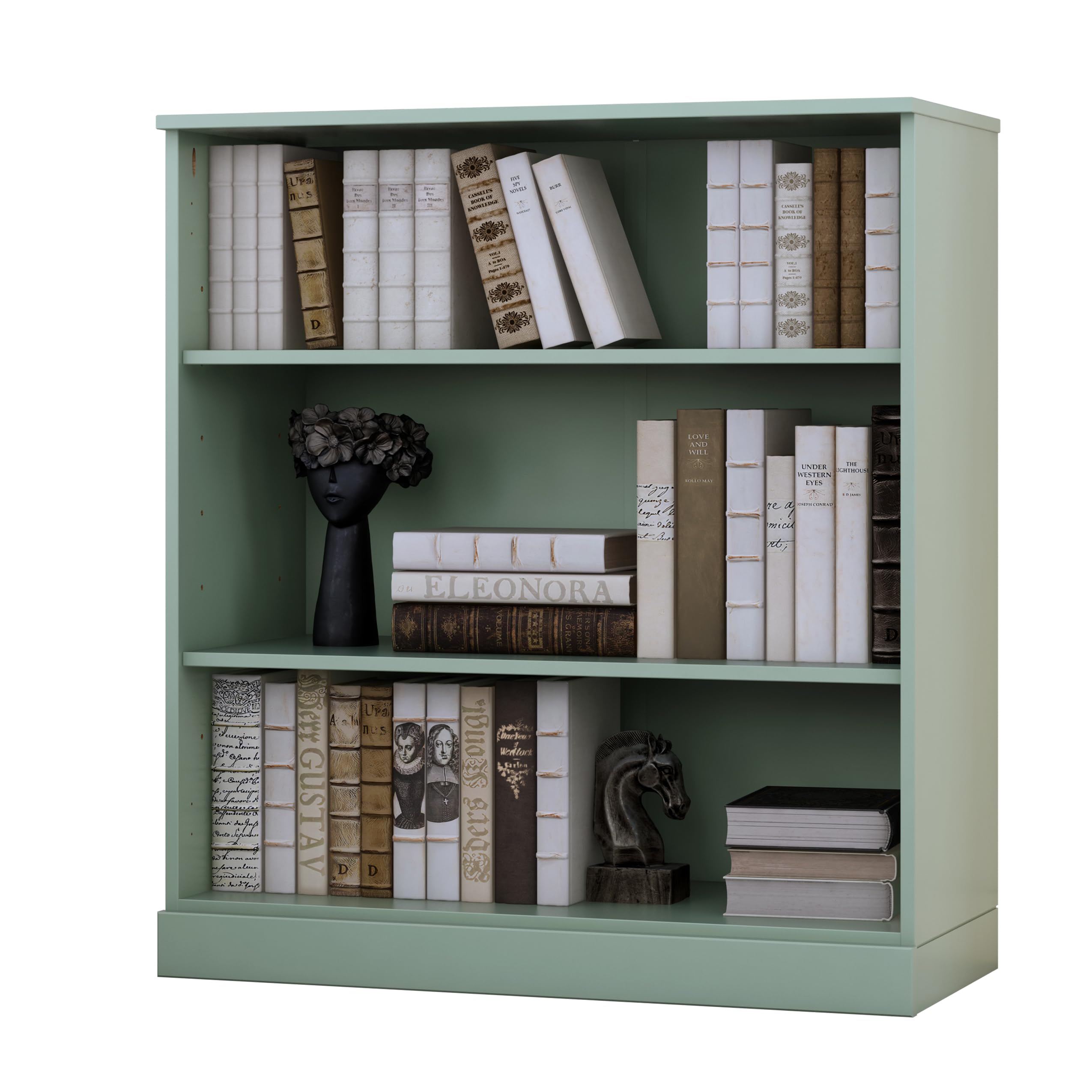 Solid Wood Bookshelf - 32” W x 36" H - 3 Shelf Bookcase - Sage, Short Bookcase with Adjustable Shelves for Living Room Display Furniture, 100% Eco-Friendly Wood, Modular Cabinets