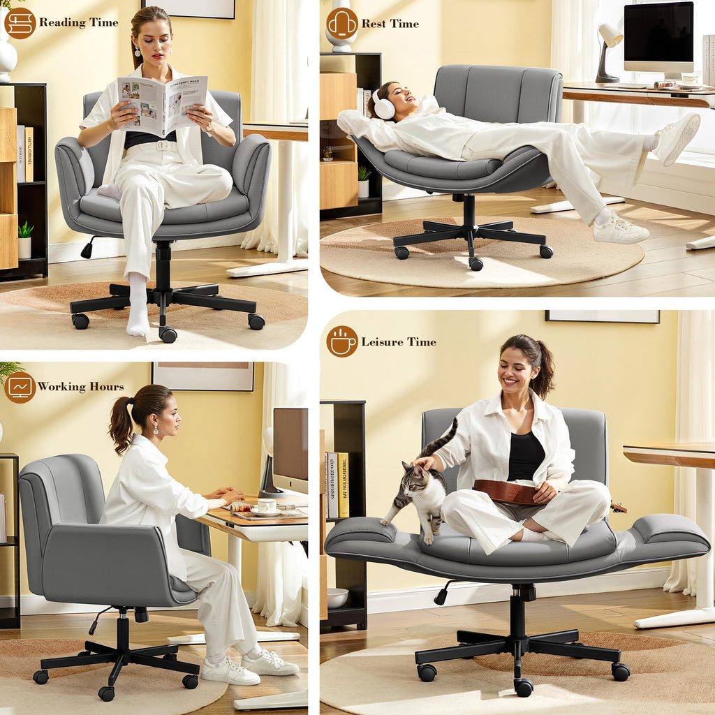 Criss Cross Chair with Wheels & Armrests,Comfy Wide Vanity Chair,Scratch-Resistant Pu Leather Cross Legged Desk Chair,Height Adjustable Computer Office Desk Chairs for Home,Makeup,Bedroom