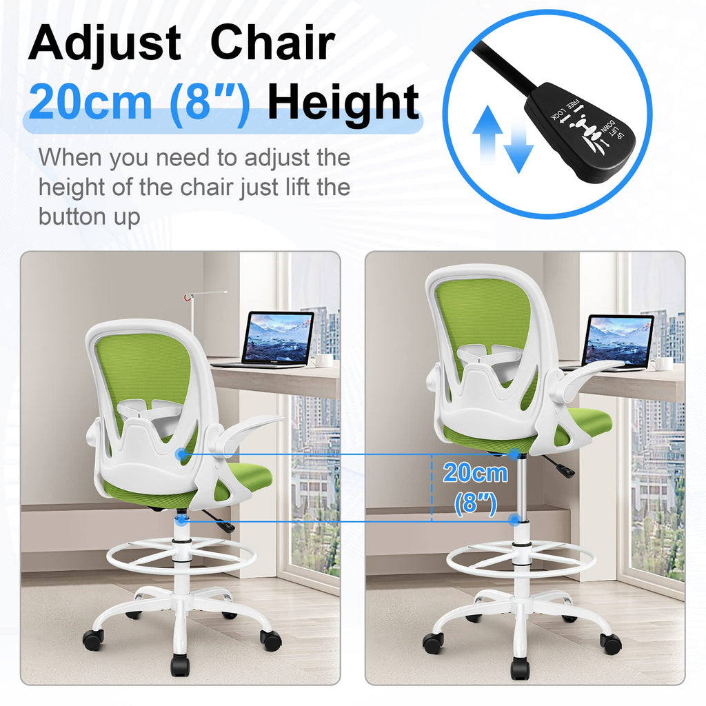 Drafting Chair Tall Office Chair with Flip-up Armrests Executive Ergonomic Computer Standing Desk Chair with Lumbar Support and Adjustable Footrest Ring (Green)
