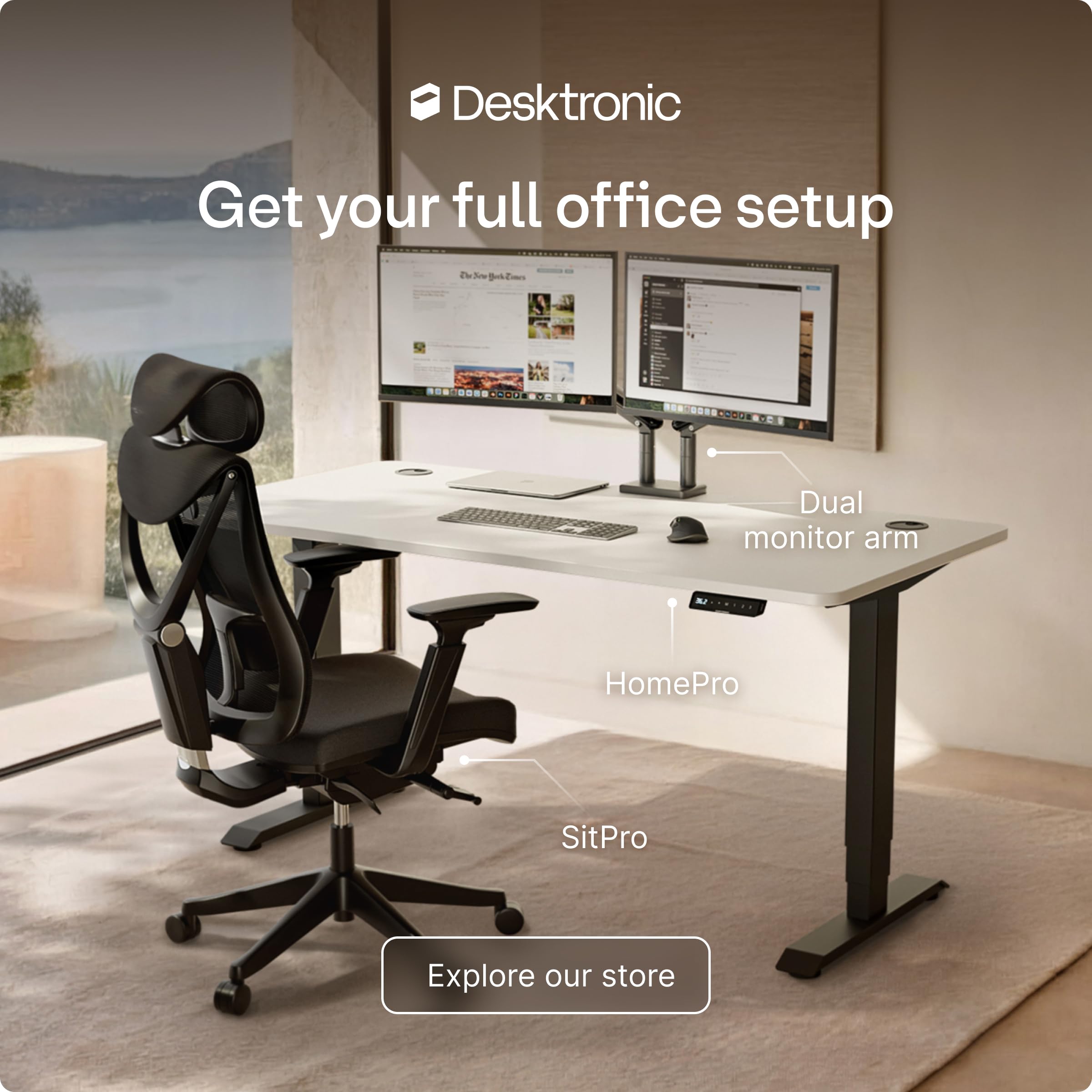 Standing Desk 48x24 — Made in Europe, Ergonomic Sit Stand Home Office Desk, Electric Height Adjustable, Dual Motor, USB & USB-C Charging, Wobble-Free, Touchscreen, 3 Memory Presets