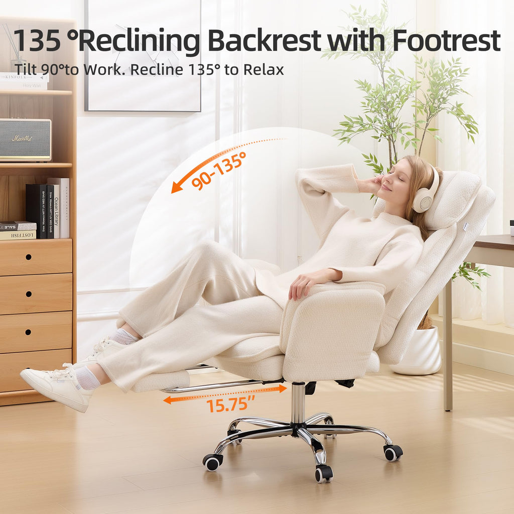 Criss Cross Office Desk Chair with Foot Rest and Flip Armrests for Pets Friendly & Extra Space, Ergonomic Reclining Gaming Computer Chair with Lumbar Pillow(Chenille Fabric Off-White)
