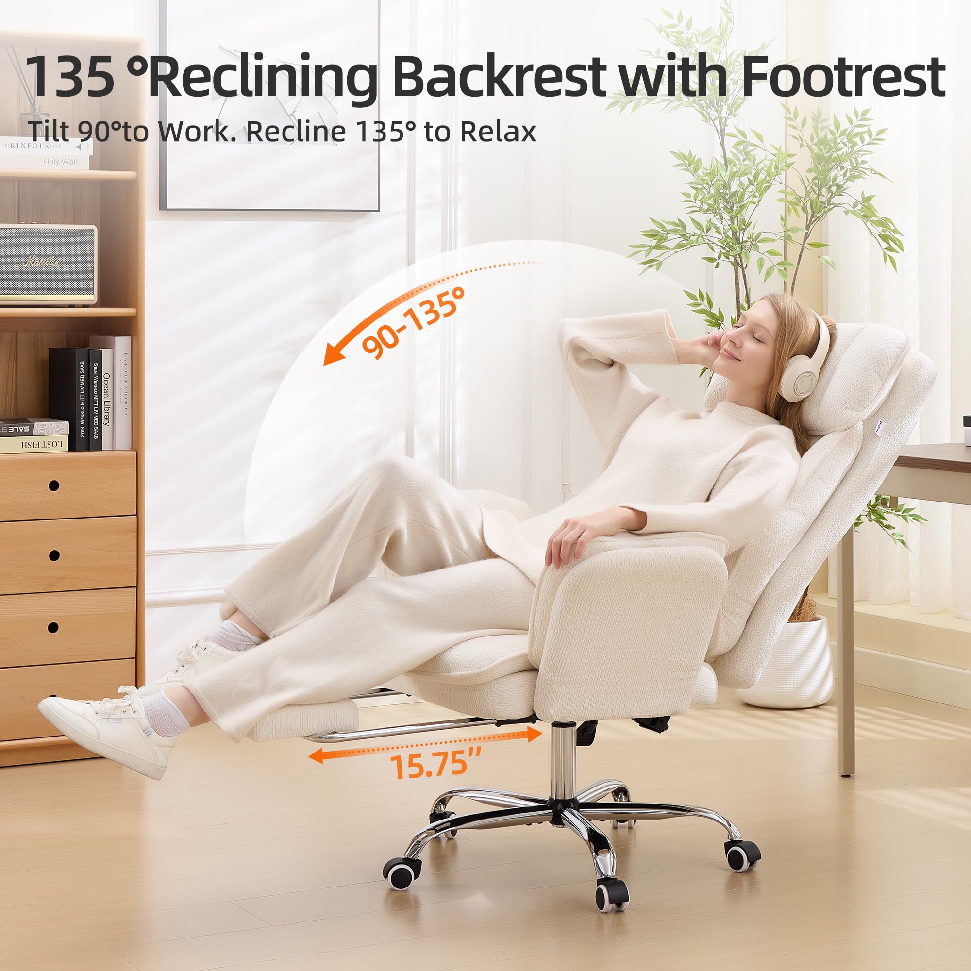 Criss Cross Office Desk Chair with Foot Rest and Flip Armrests for Pets Friendly & Extra Space, Ergonomic Reclining Gaming Computer Chair with Lumbar Pillow(Chenille Fabric Off-White)