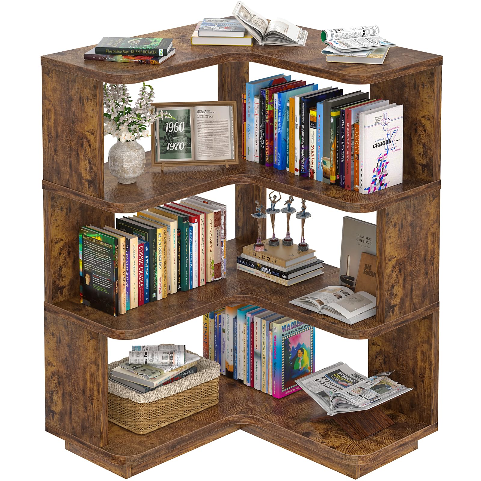 Corner Book Shelf, 4-Shelf L Shaped Corner Bookshelf with Baffle