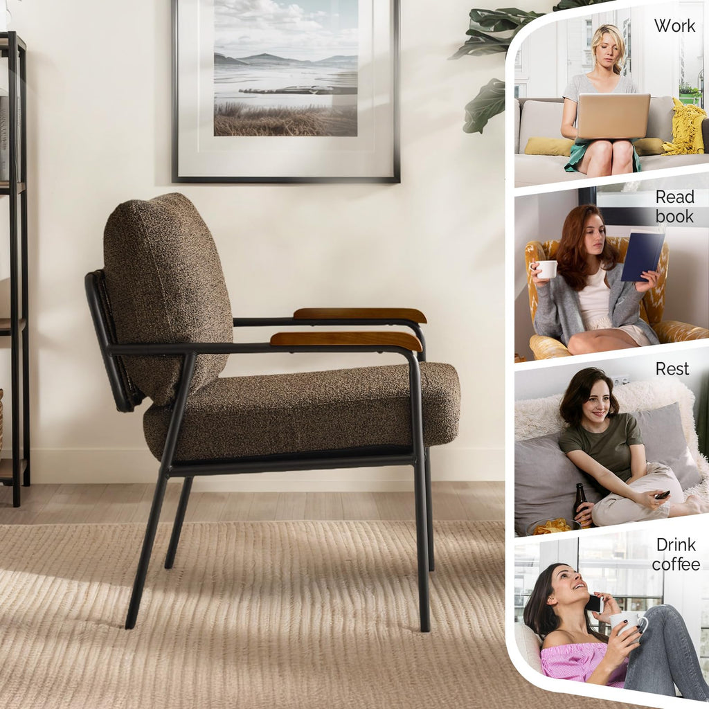 Mid-Century Modern Accent Armchair for Office, Small Comfy Upholstered Leisure Reading Chair with Wood Armrest for Office, Bedroom, Living Room, Waiting Room, Linen Expresso