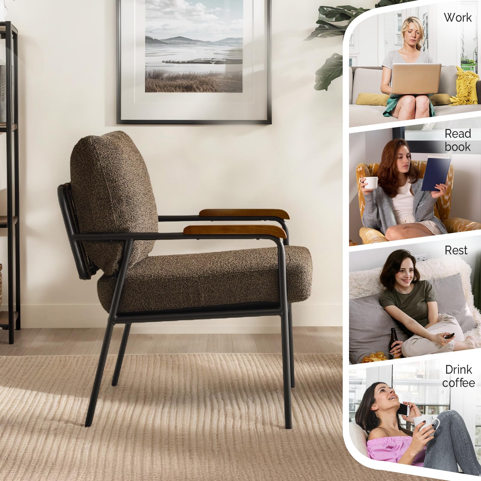 Mid-Century Modern Accent Armchair for Office, Small Comfy Upholstered Leisure Reading Chair with Wood Armrest for Office, Bedroom, Living Room, Waiting Room, Linen Expresso