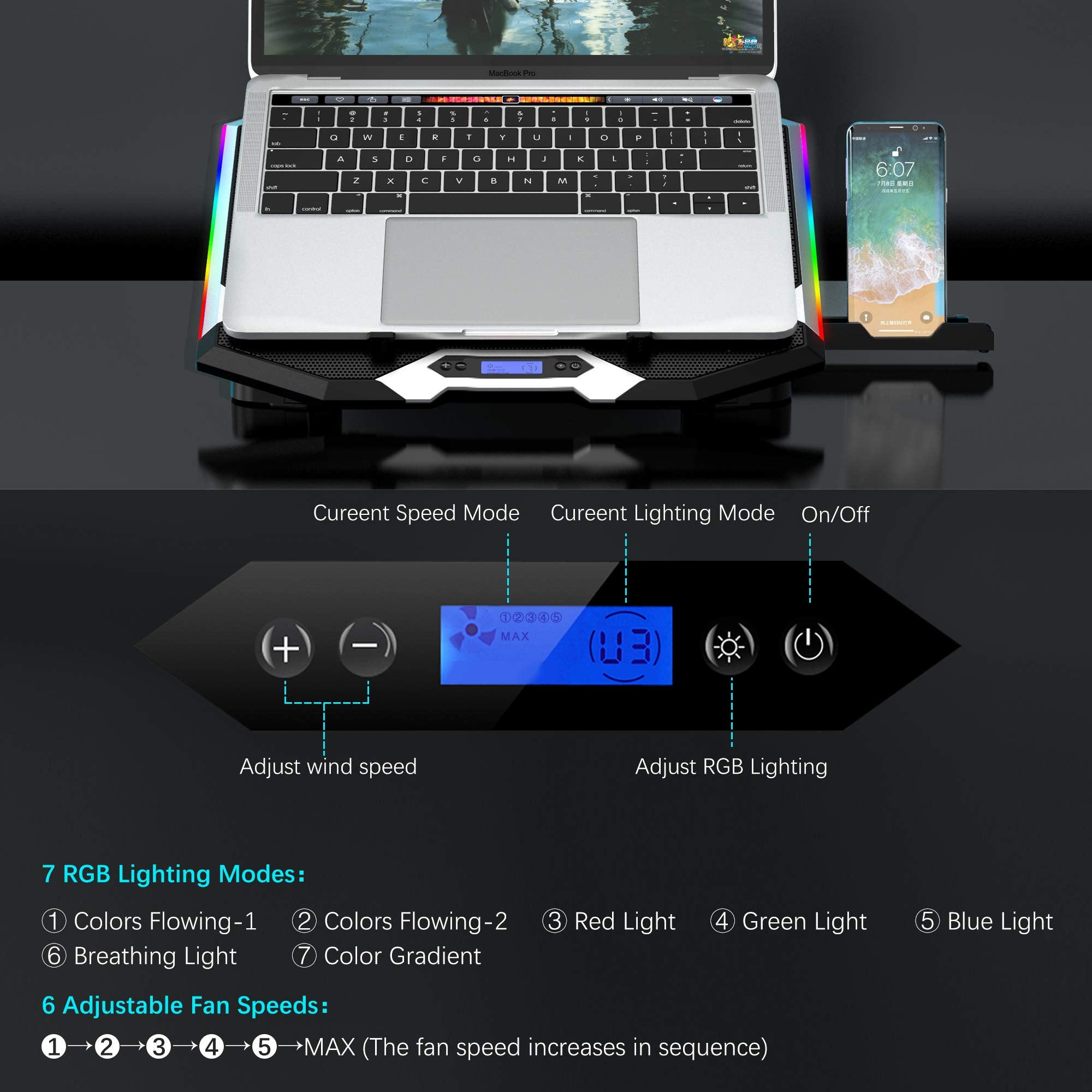 Laptop Cooling Pad RGB Notebook Cooler, Laptop Fan Stand Adjustable Height with 6 Quiet Fans and Phone Holder, Computer Chill Mat, for 15.6-17.3 Inch Laptops - Blue LED Light