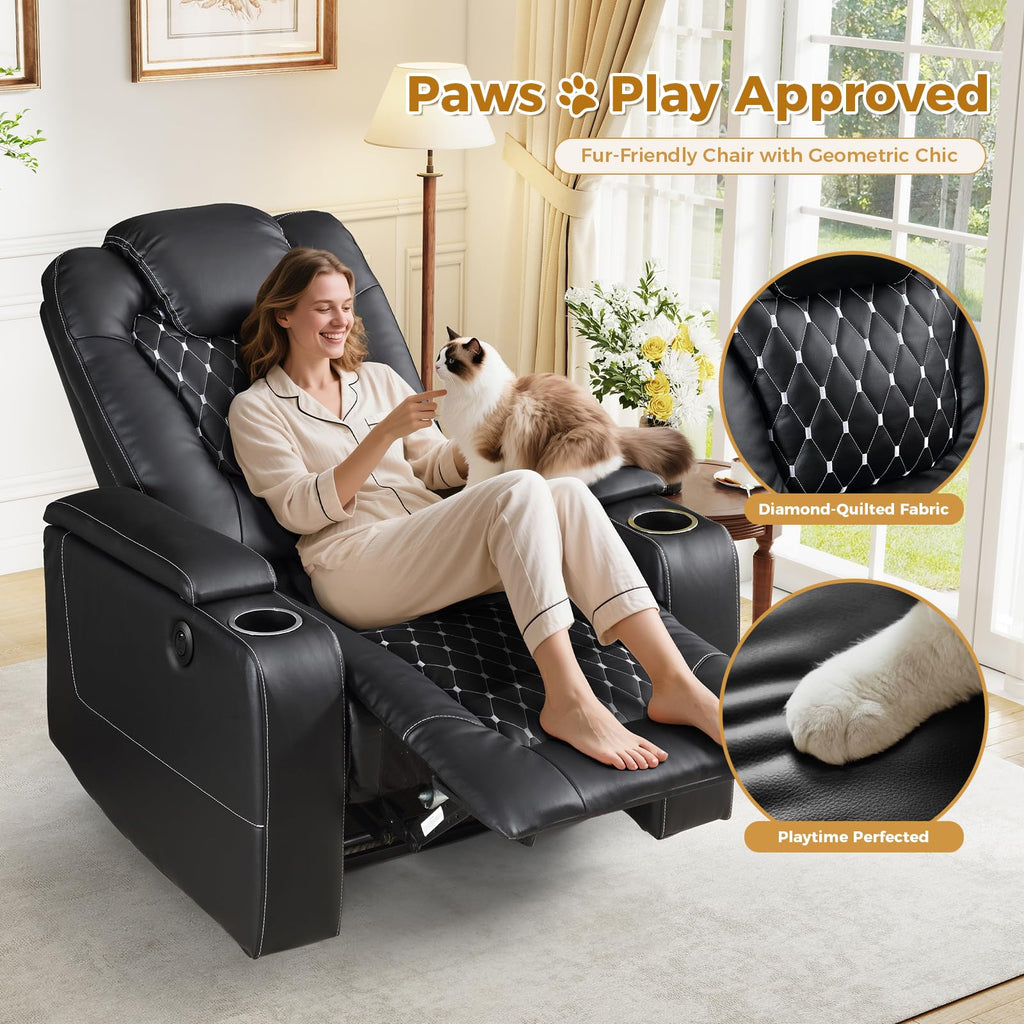 Power Recliner Chair with USB Ports and Cup Holders - Overstuffed Electric Home Theater Seating PU Leather Reclining Furniture with Hidden Arm Storage, Easy to Clean (Black)
