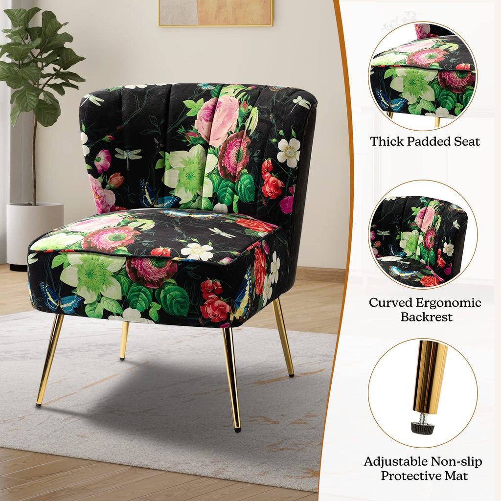Armless Accent Chair Set of 2 with Gold Metal Legs, Comfy Floral Fabric Living Room Chair Wingback Small Side Chair, Upholstered Slipper Chair for Bedroom, Reading Room (Flower, Black)