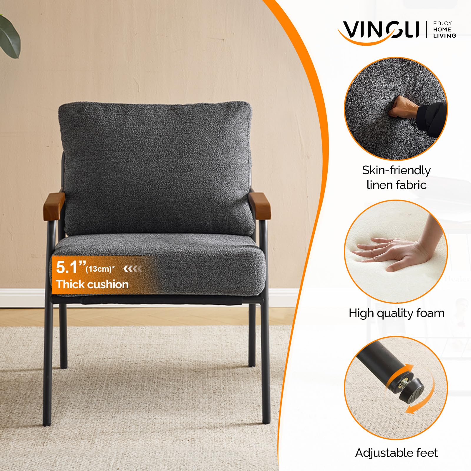 Mid-Century Modern Accent Armchairs Set of 2 for Office, Small Comfy Upholstered Leisure Reading Chairs with Wood Armrests for Office, Bedroom, Living Room, Waiting Room, Linen Grey