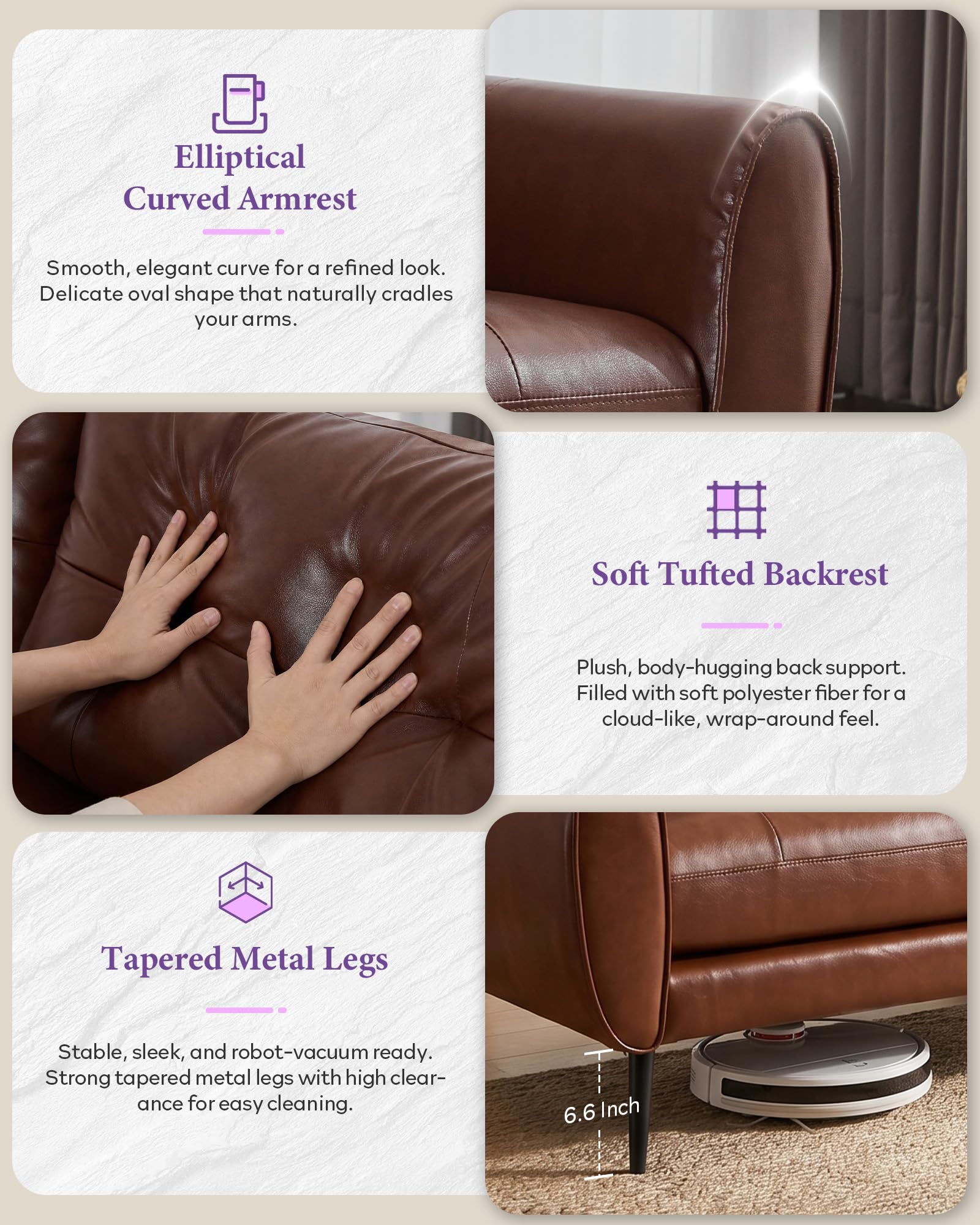 Sofa Couch 61" Small Loveseat Couches for Living Room Chestnut Brown Leather Couch Mid Century Modern Tufted Mini Sofa Comfy Office 2 Seat Settee Love Seat for Small Spaces Bedroom