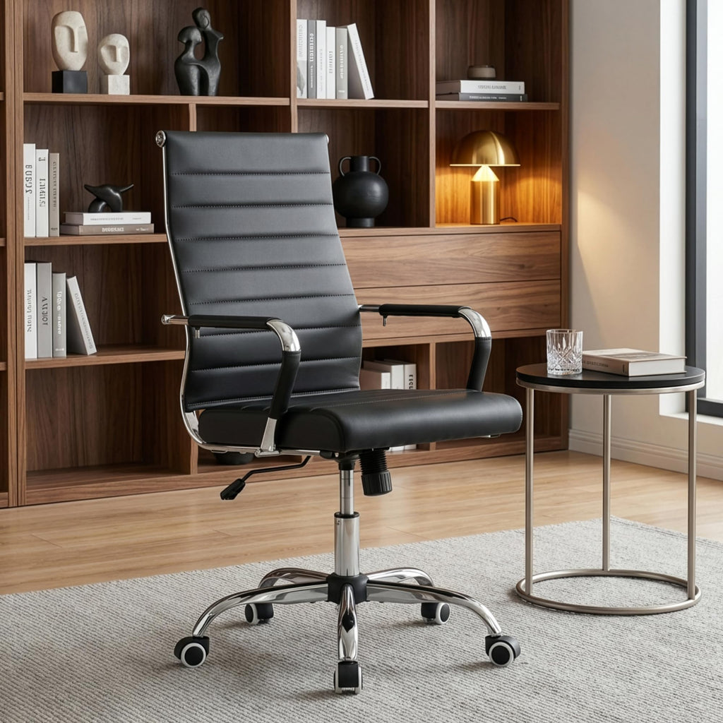 Office Desk Chair, Ergonomic Leather Modern Conference Room Chairs, Executive Ribbed Adjustable Swivel Rolling Chair for Home Office.