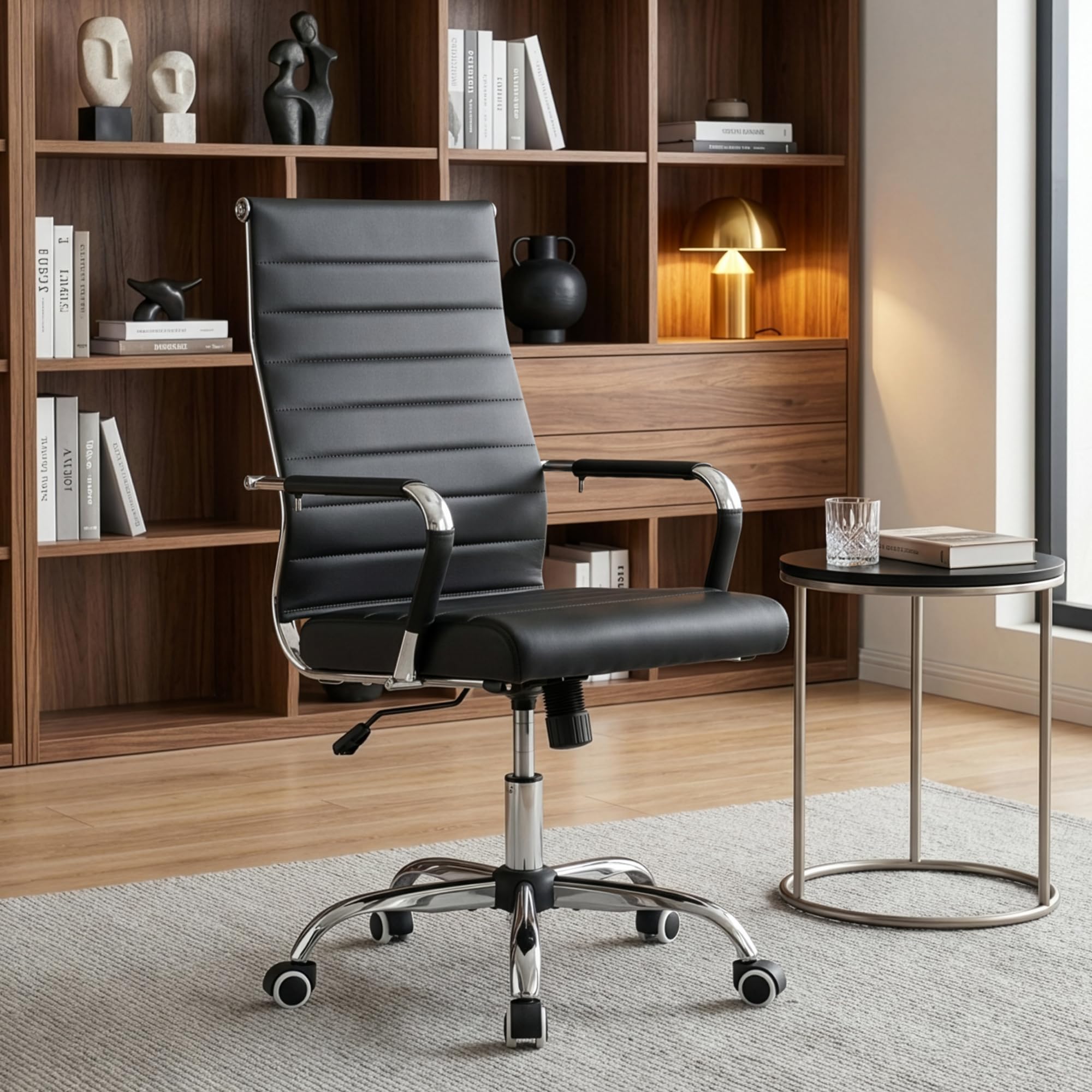 Office Desk Chair, Ergonomic Leather Modern Conference Room Chairs, Executive Ribbed Adjustable Swivel Rolling Chair for Home Office.