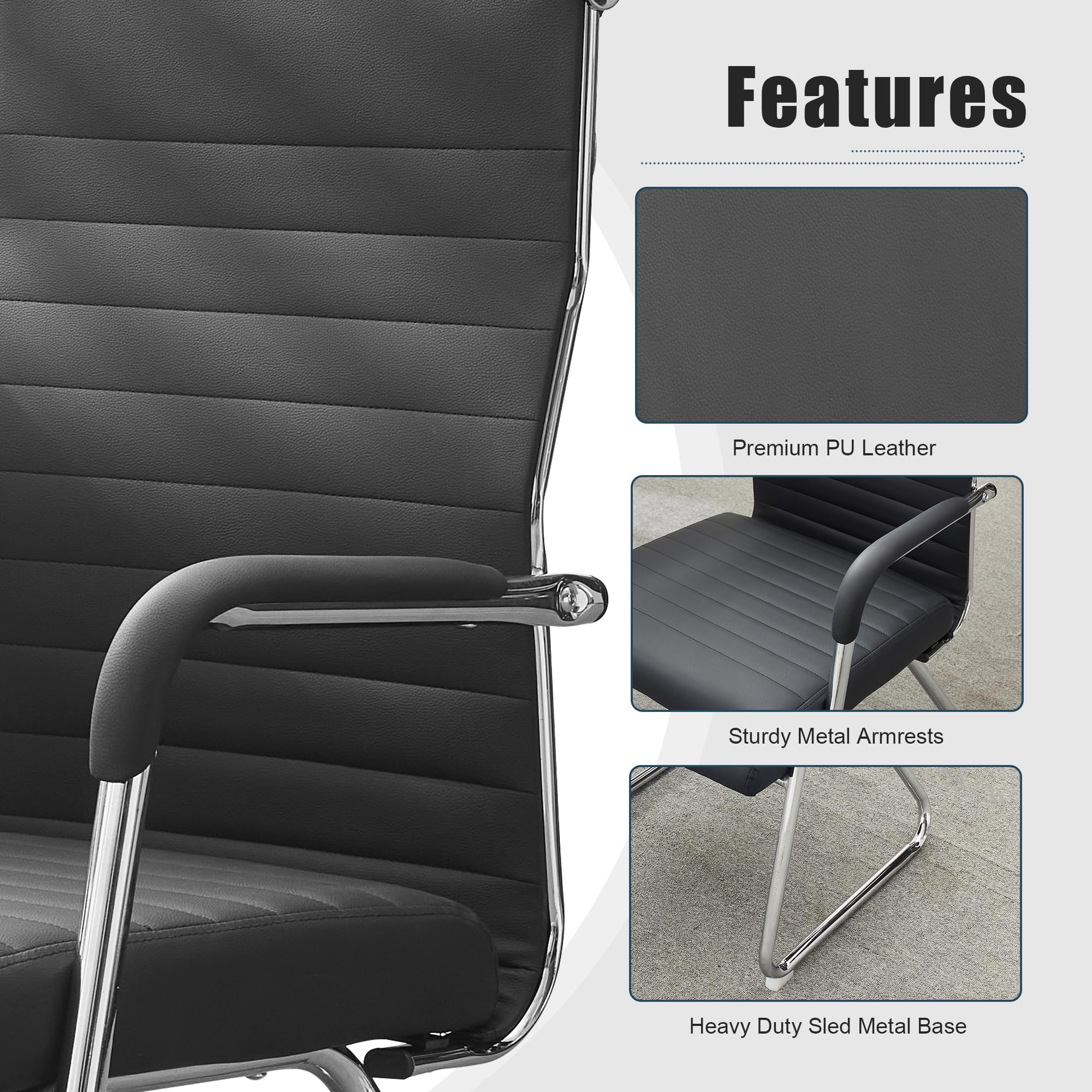 Office Chairs Set of 2, Modern Leather Reception Chairs with Mid Back & Sled Base, No-Wheel Desk Chairs for Waiting Room & Conference Room, PU Leather, 330lbs Capacity
