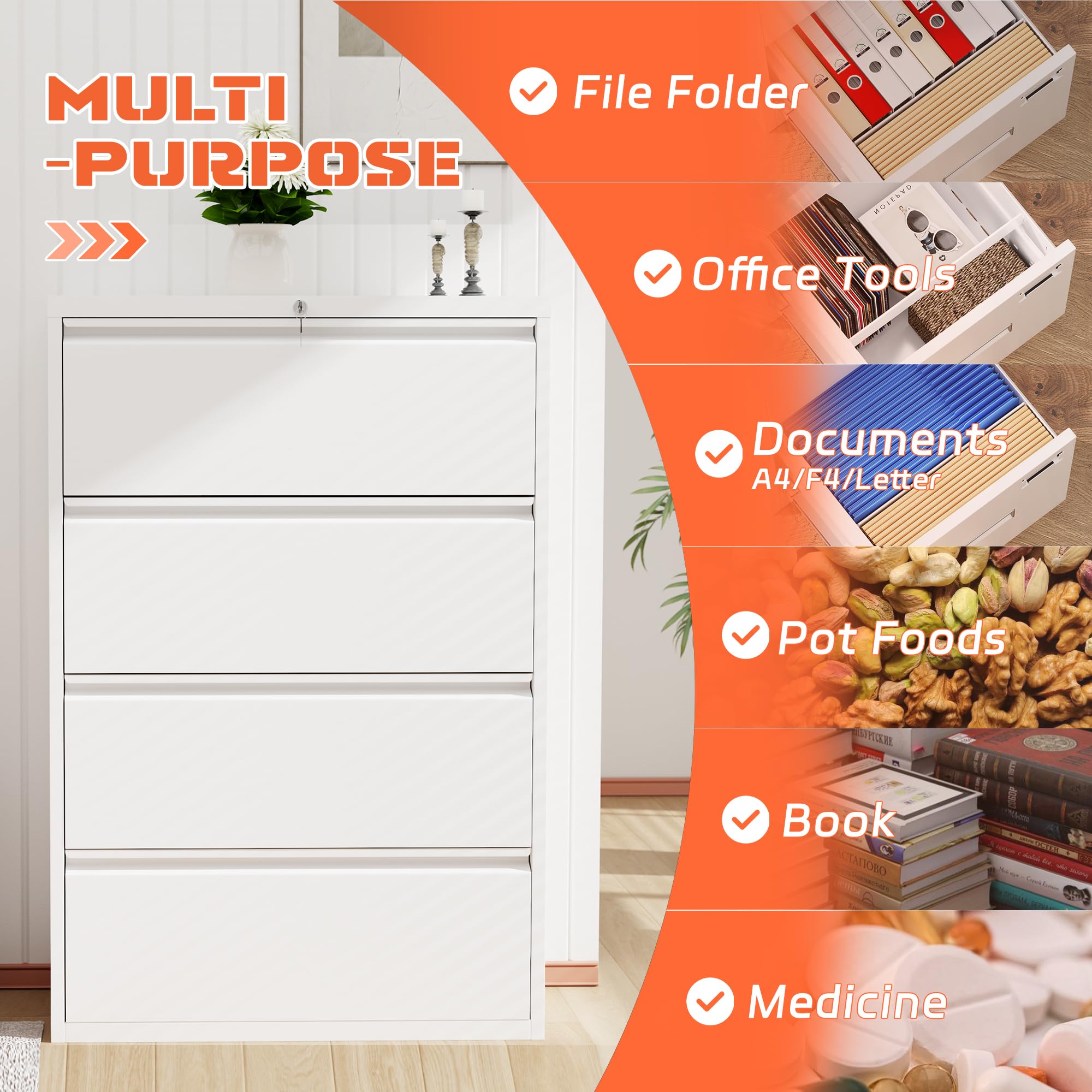 4 Drawer File Cabinet, White Lateral File Cabinet with Lock, 28" W Metal Office Filing Cabinet with Adjustable Frame for Legal, Letter, A4 Files