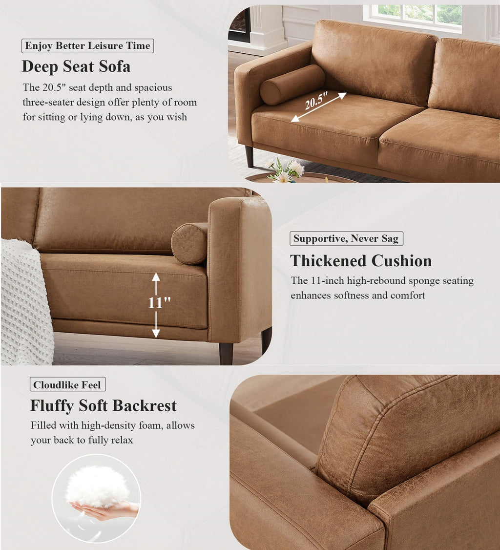 79" Sofa Couches for Living Room Mid-Century Modern Decor Faux Leather Couch with Deep Seat&Cloud Cushions&2 Pillow, 3 Seater Home Sofa Living Room Brown Loveseat for Office, Bedroom, Apartment