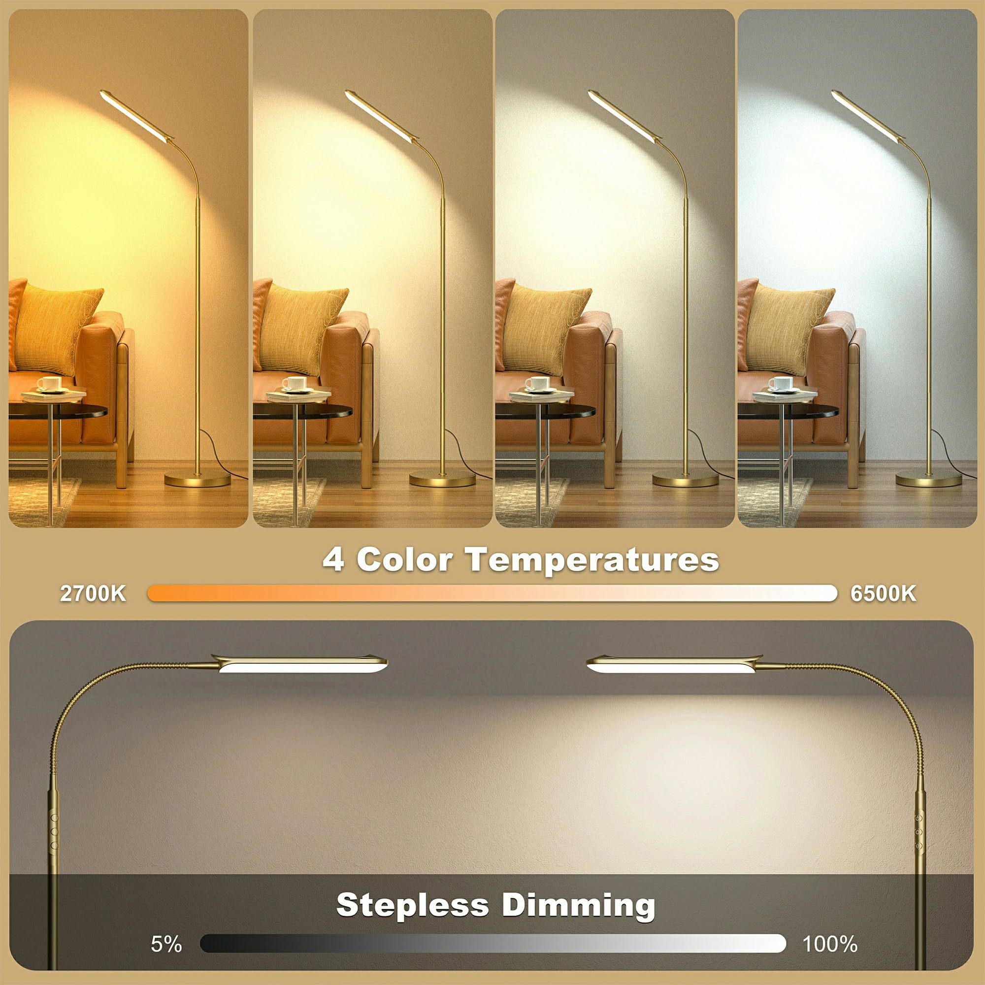 LED Floor Lamp, Super Bright Reading Lamps Floor Standing lamp with Remote & Touch Control, Stepless Dimming & 2700K-6500K Color Temperature, for Living Room Bedroom Office, Gold