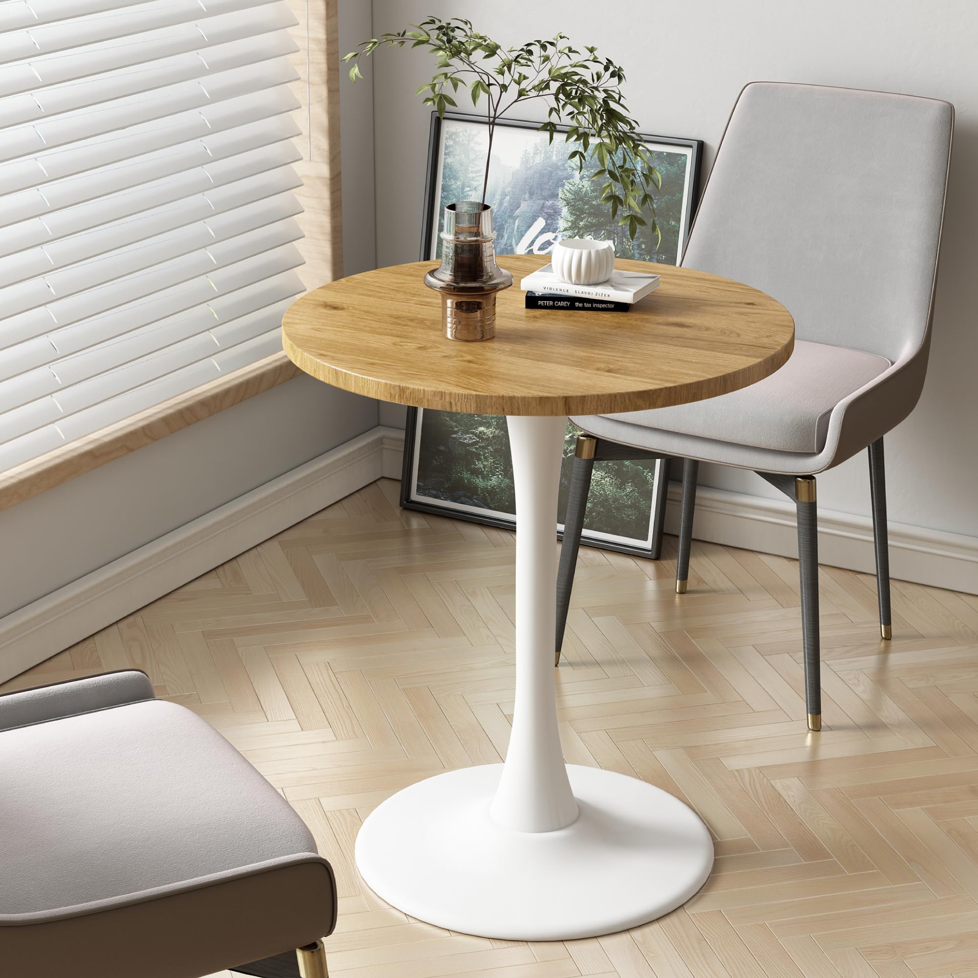Kasinali Round Dining Table 24" Circle Tulip Table with Wood Thickened Tabletop & Sturdy Metal Pedestal Mid Century Modern Leisure Bistro Kitchen Tables 2 People Small Places Living Room Cafe,Oak