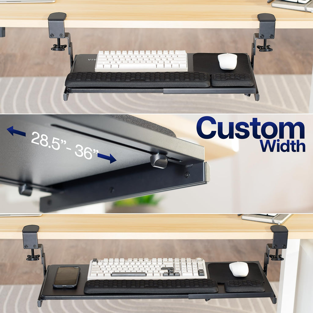 Large Height and Width Adjustable Under Desk Keyboard Tray, C-clamp Mount System, 22.5” to 30” (28.5” to 36” Including Clamps) x 11 inch Slide-Out Platform for Typing, Black
