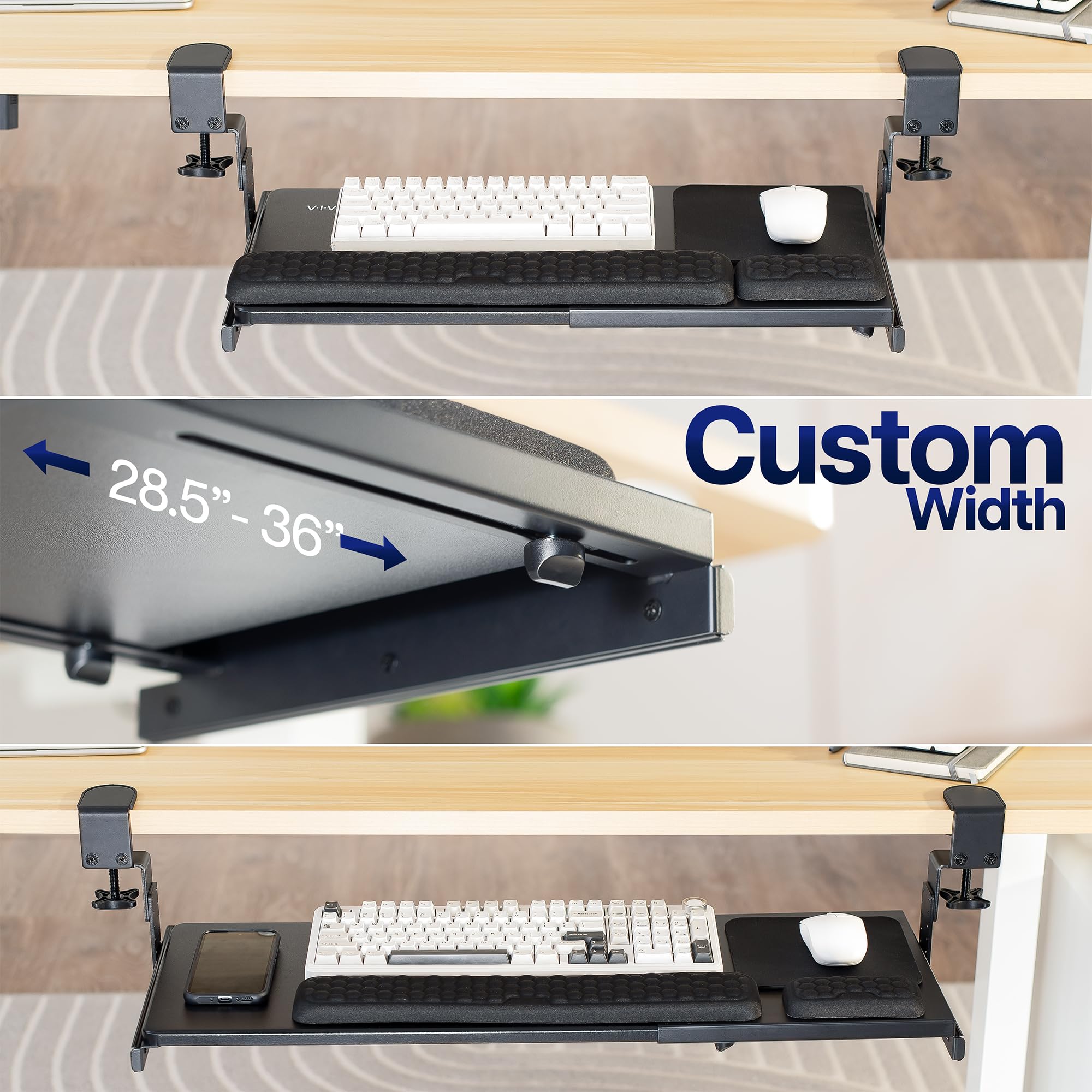 Large Height and Width Adjustable Under Desk Keyboard Tray, C-clamp Mount System, 22.5” to 30” (28.5” to 36” Including Clamps) x 11 inch Slide-Out Platform for Typing, Black