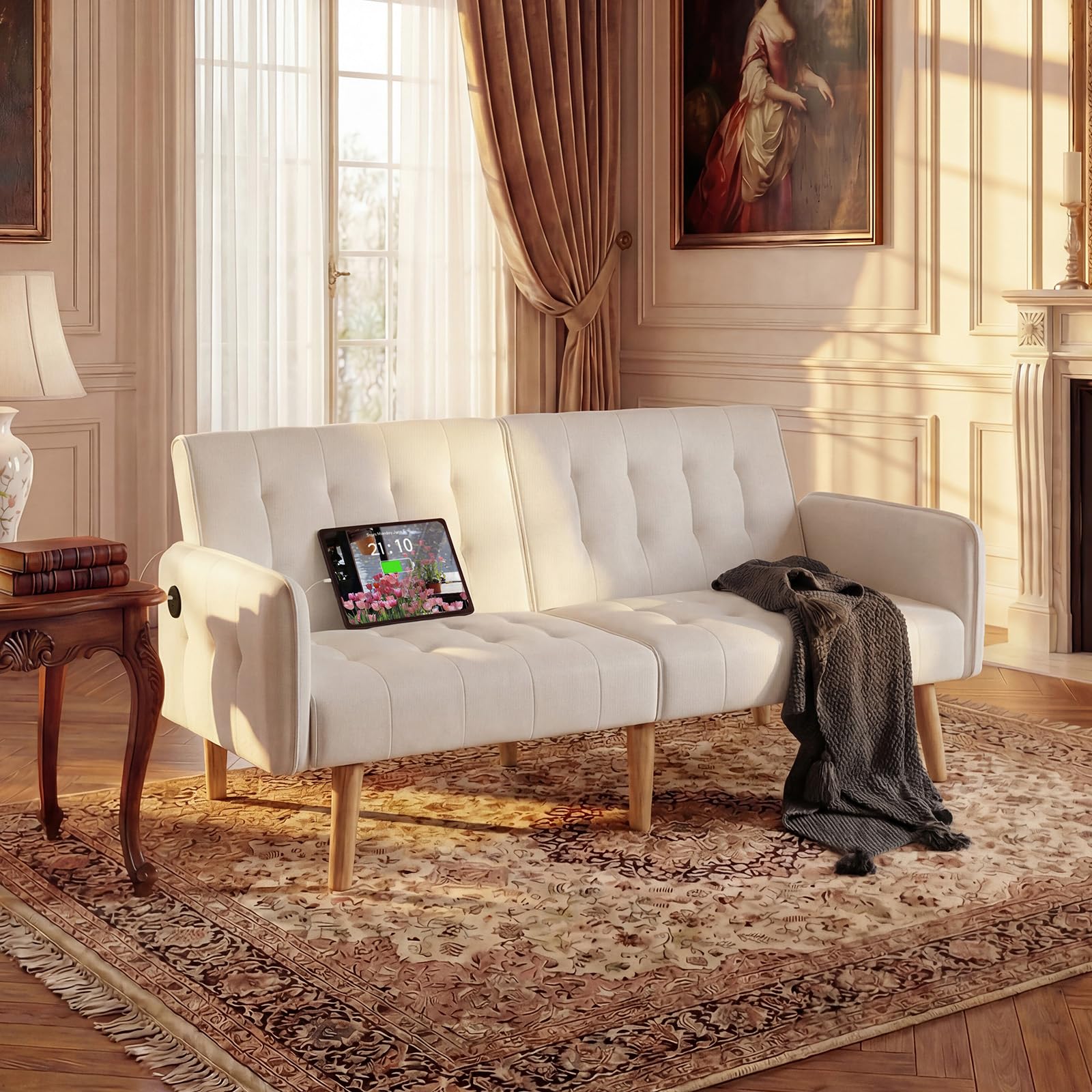 Modern White Faux Leather Upholstered Convertible USB Folding Futon Sofa Bed, 65" Couch, Love Seats Furniture for Small Space Configuration, Office, Apartment, Dorm, Living Room