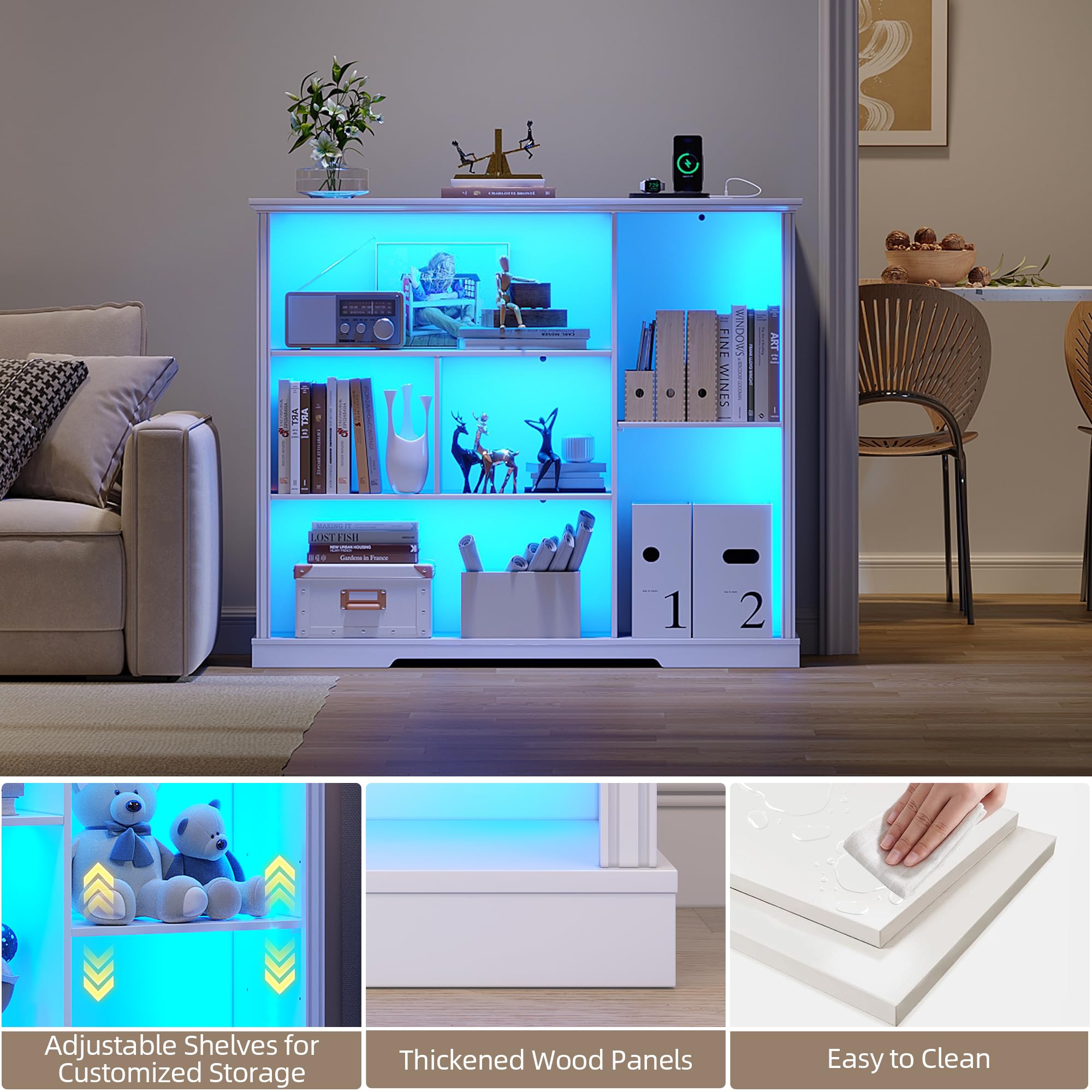 LED Bookcase with 3 Tiers, Motion Sensor and USB Charging - White