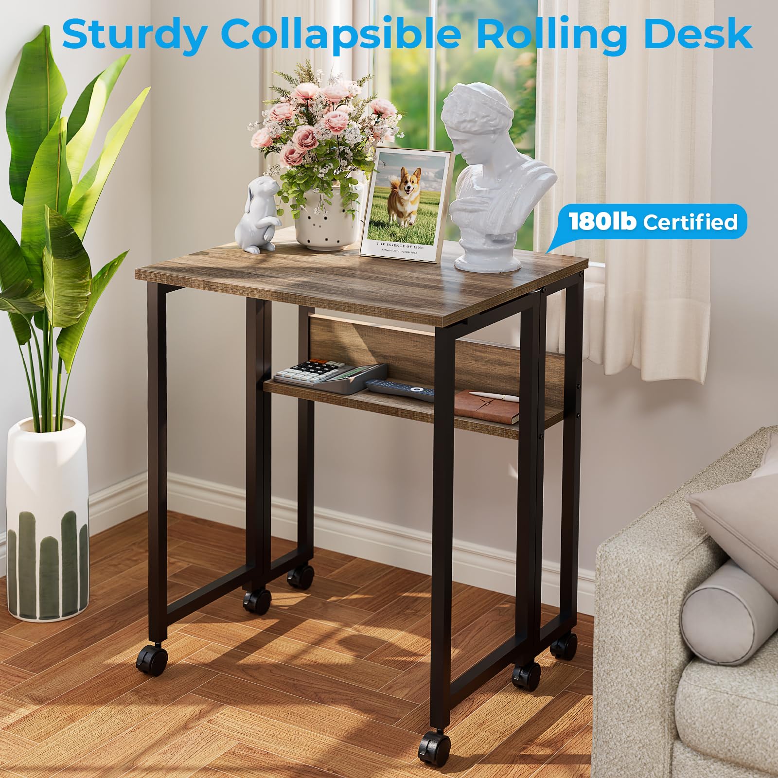 Folding Desk with Wheels, 31.5 Inch Compact Rolling Computer Table with Storage Shelf, Portable Mobile Workstation for Small Spaces, Easy Assembly, Grey Wash