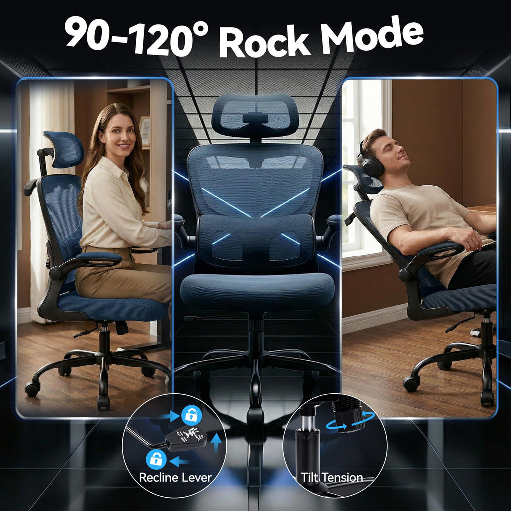 Office Chair Ergonomic Desk Chairs with Adjustable Lumbar Support& Headrest Hanger, High Back Breathable Mesh Chair with Wheels, Rolling Swivel Comfy Task Computer Chair for Home Work Gaming