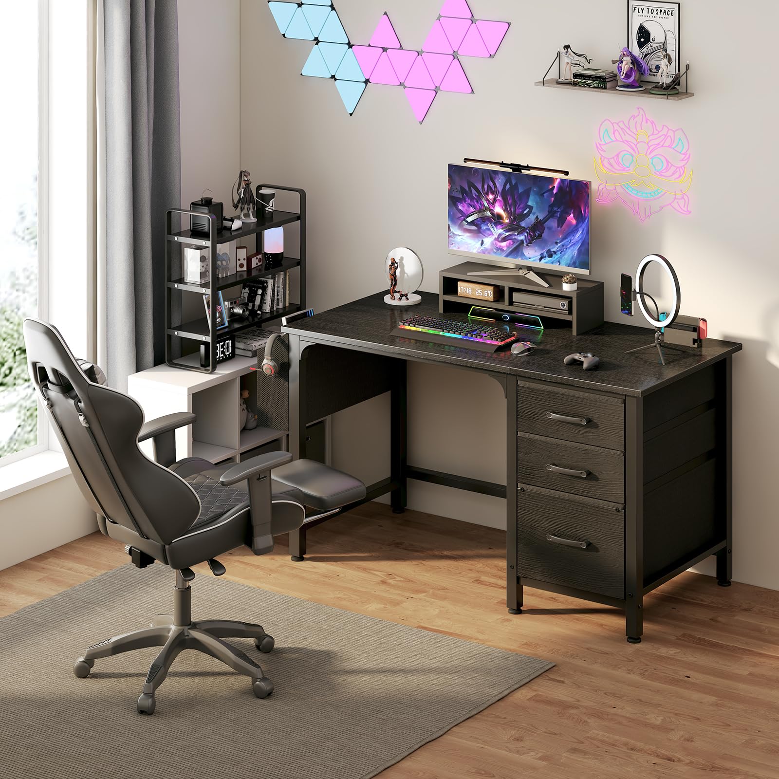Computer Desk with File Drawers Cabinet, 47 Inch Reversible Home Office Desks with Filing Cabinet for Small Space, Gaming Study Writing Table PC Desks, Black