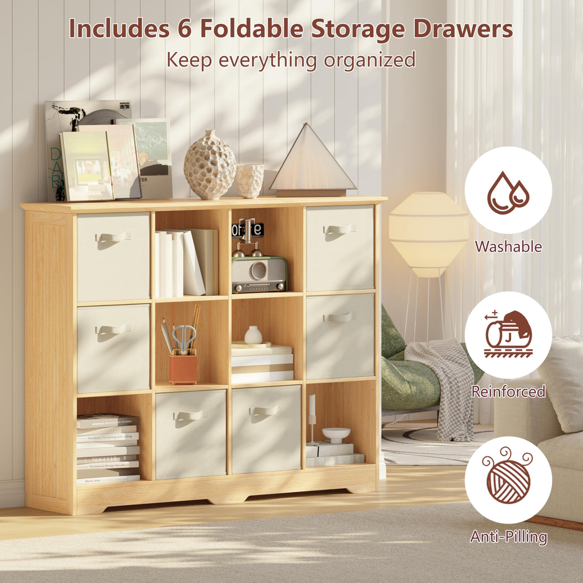12 Cube Storage Organizer with 6 Fabric Drawers and Removable Shelves — Modular Cube Bookshelf for Bedroom, Living Room, or Home Office, Short Cube Bookcase for Toys, Decor,Natural Wood