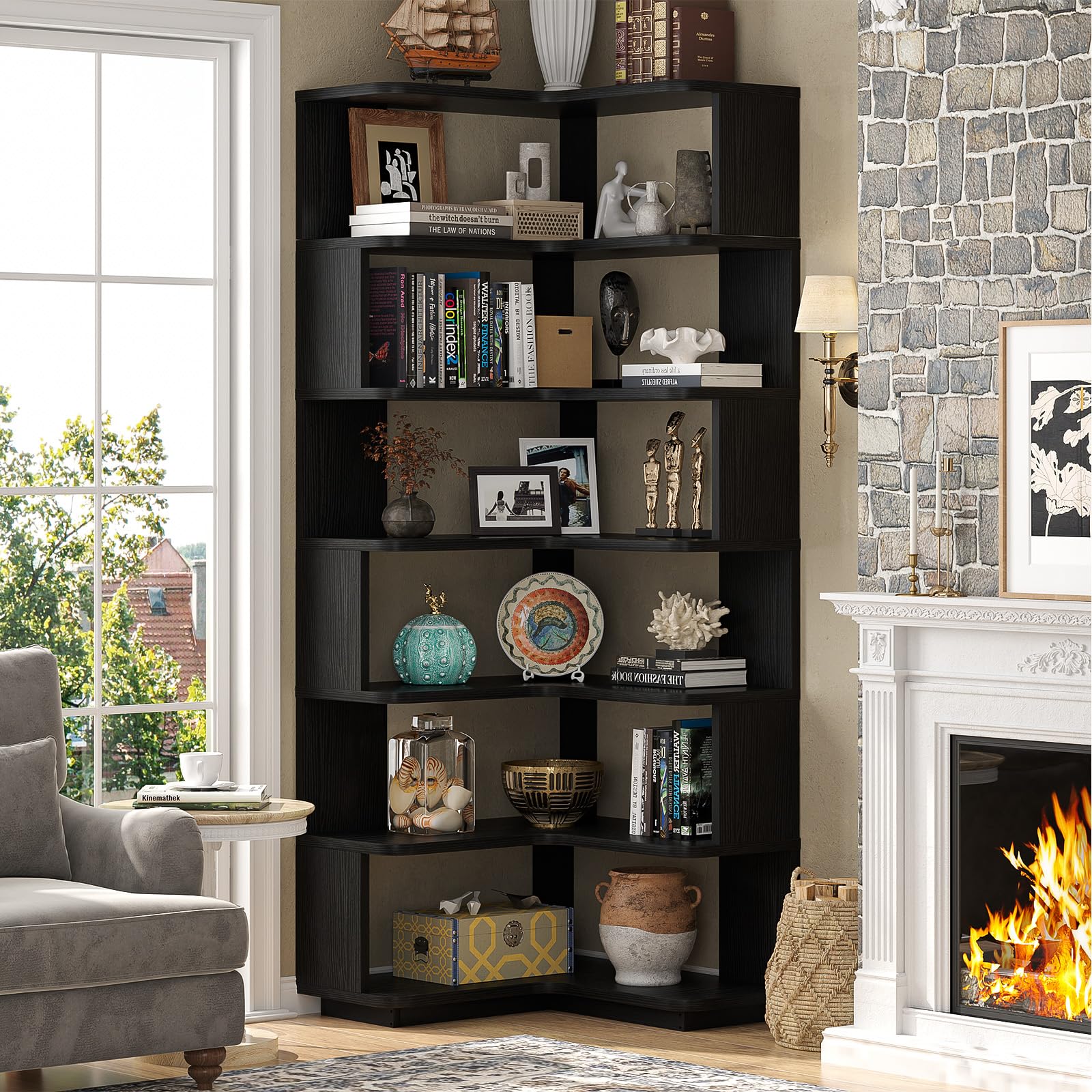 Corner Book Shelf, 7-Shelf L Shaped Corner Bookshelf with Baffle