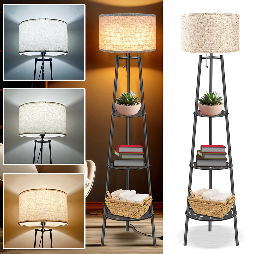 Floor Lamp with Shelves, Beige Shade Standing Lamp